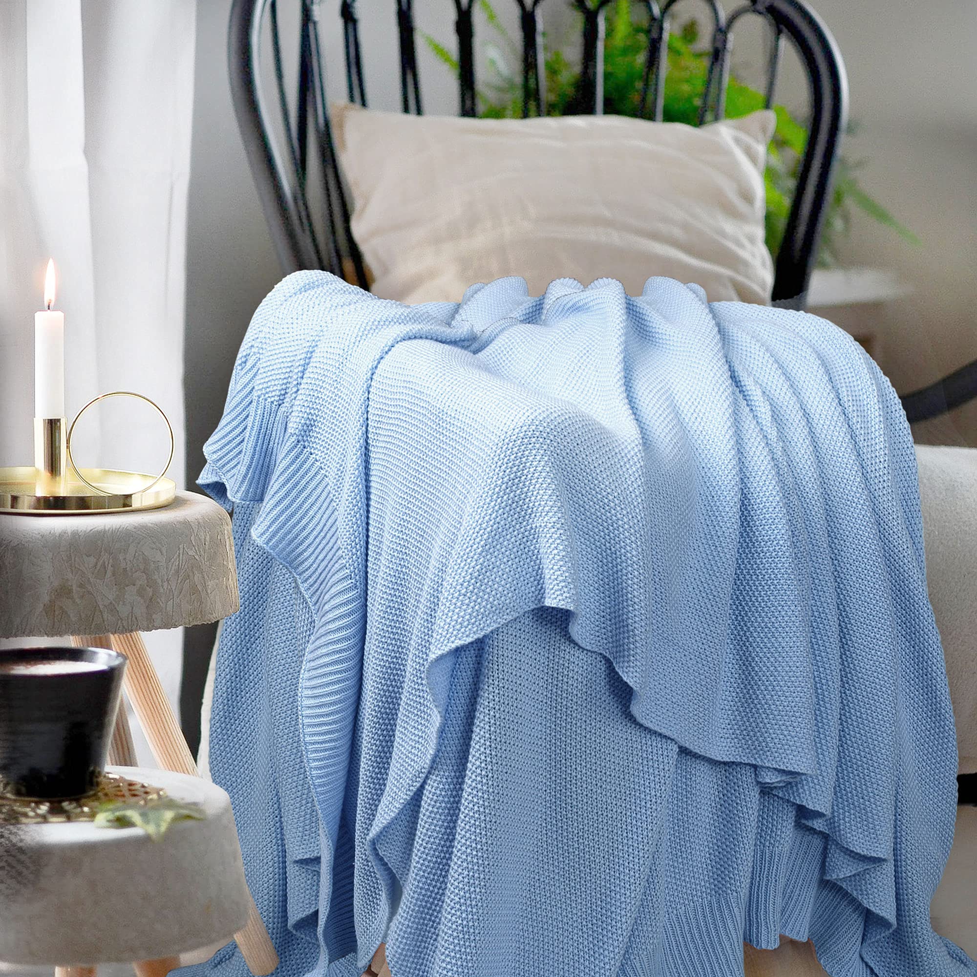 PiccoCasa 100% Cotton Knit Throw Blanket - Ultra Soft Lightweight Decorative Sofa Blanket for Living Room, Bed, Office - Pale Blue 50
