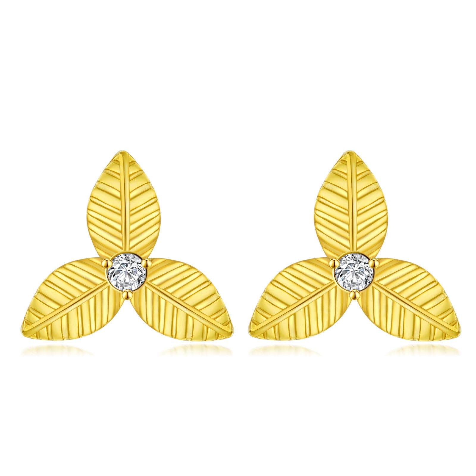 Moissanite Leaf Stud Earrings for Women - 925 Sterling Silver Gold Plated Three Leaf Earring Set with Genuine Moissanite | Perfect for Everyday Wear, Gift Giving & Special Occasions