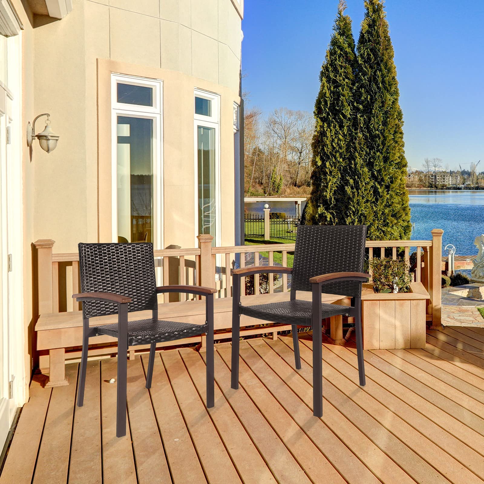 Tangkula 2-Piece Stackable PE Wicker Patio Chairs Set with Acacia Wood Armrests - Indoor/Outdoor Dining Chairs for Garden, Poolside, Backyard & Bistro - Perfect for Outdoor Entertaining, Relaxing & Dining (Mix Brown)