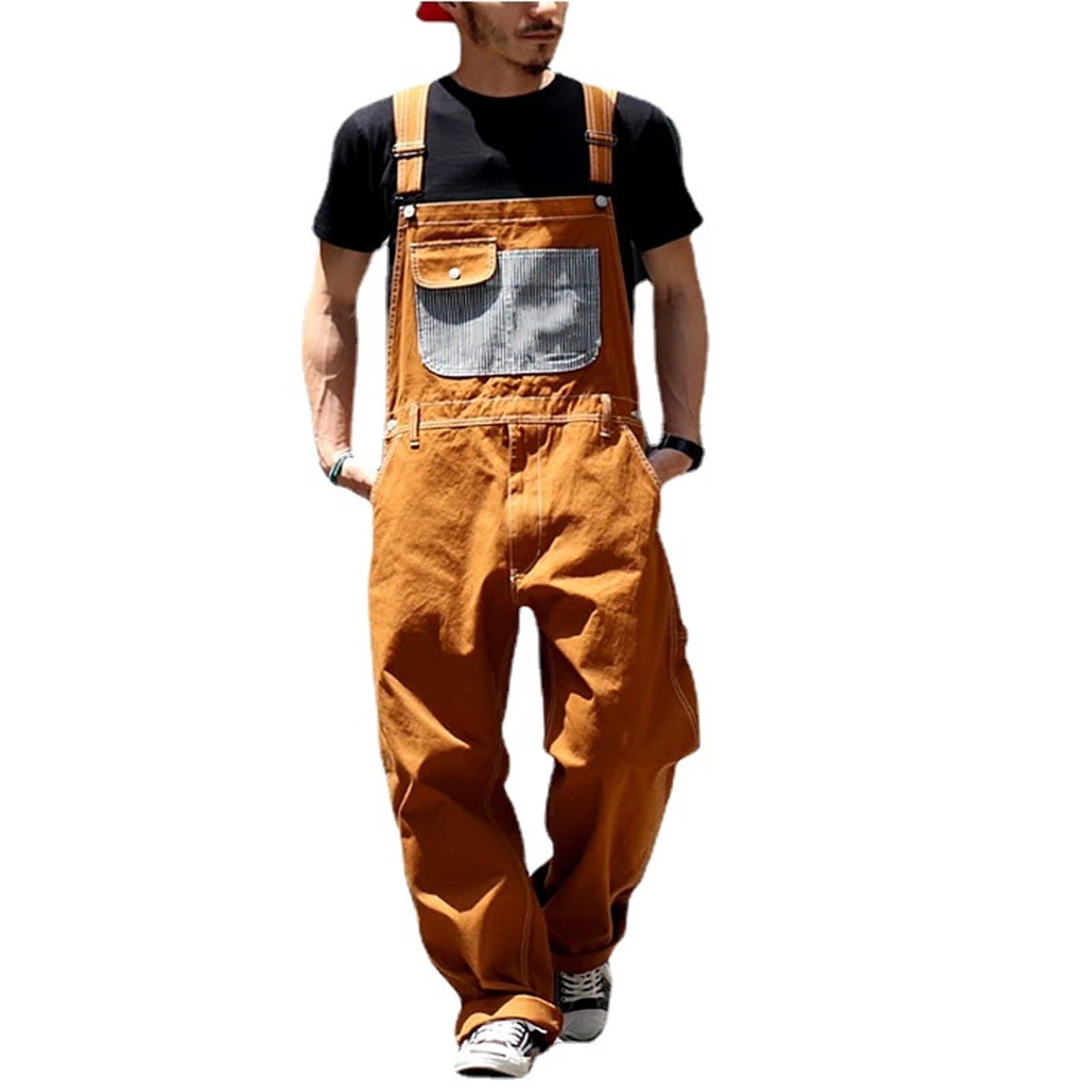 2024 Men's Relaxed Fit Denim Bib Overalls - Adjustable Straps & Tool Pockets - Durable Workwear Overalls (Orange, Large) - Perfect for Construction, Farming & DIY Projects