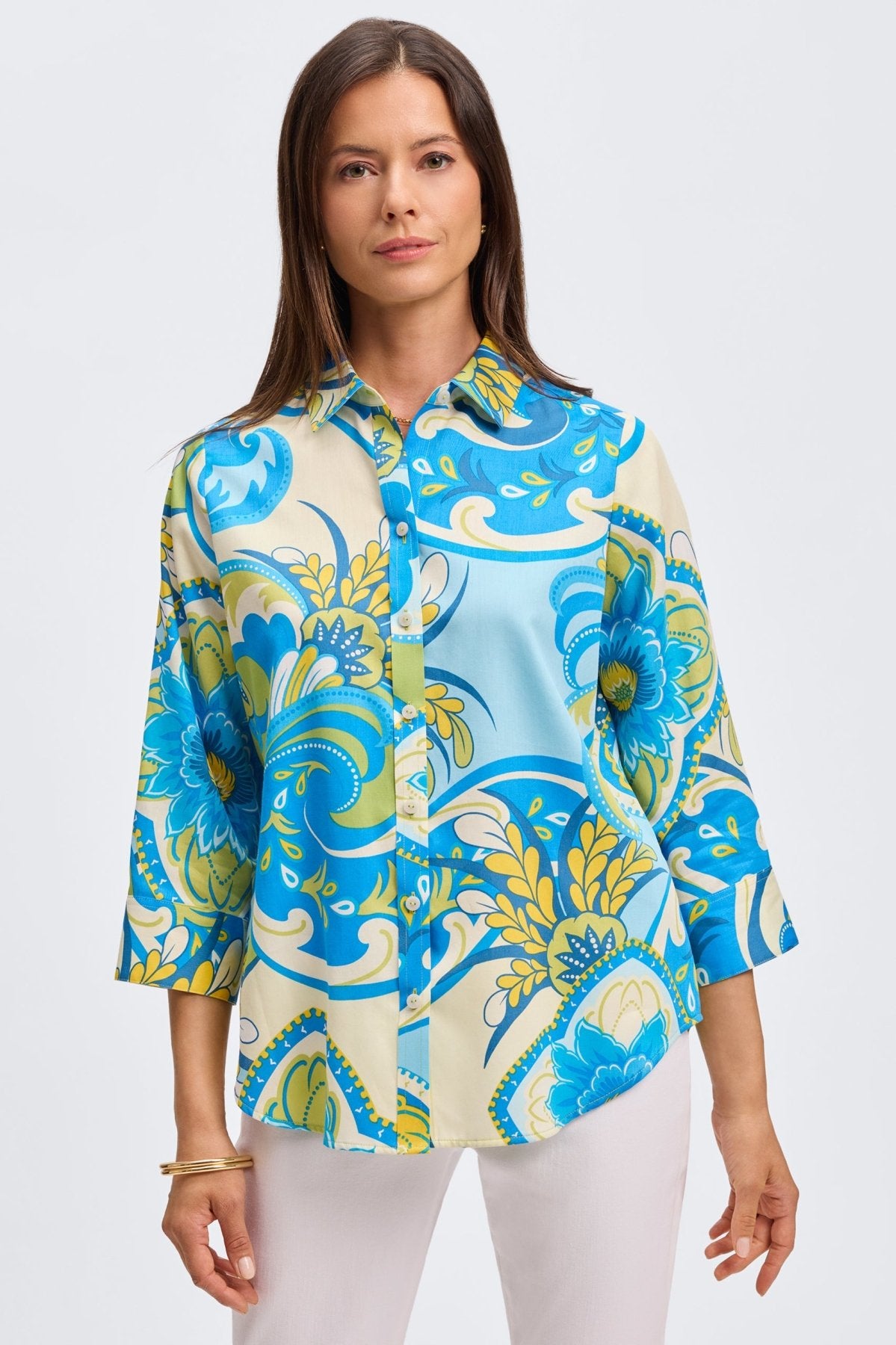 Margie Tropical Jacobean 3/4 Sleeve Shirt - Floral Print Women's Blouse for Summer Vacation & Beach Outfits