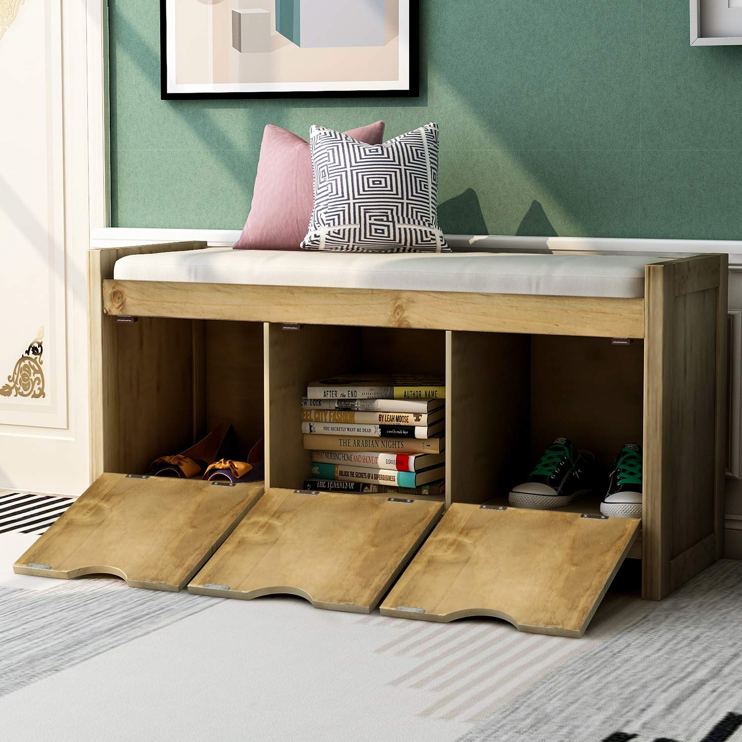Wooden Storage Bench with Removable Cushion & 3 Flip-Lock Compartments - Entryway Bench, Hallway Seating, Living Room Storage - Perfect for Small Spaces & Home Organization