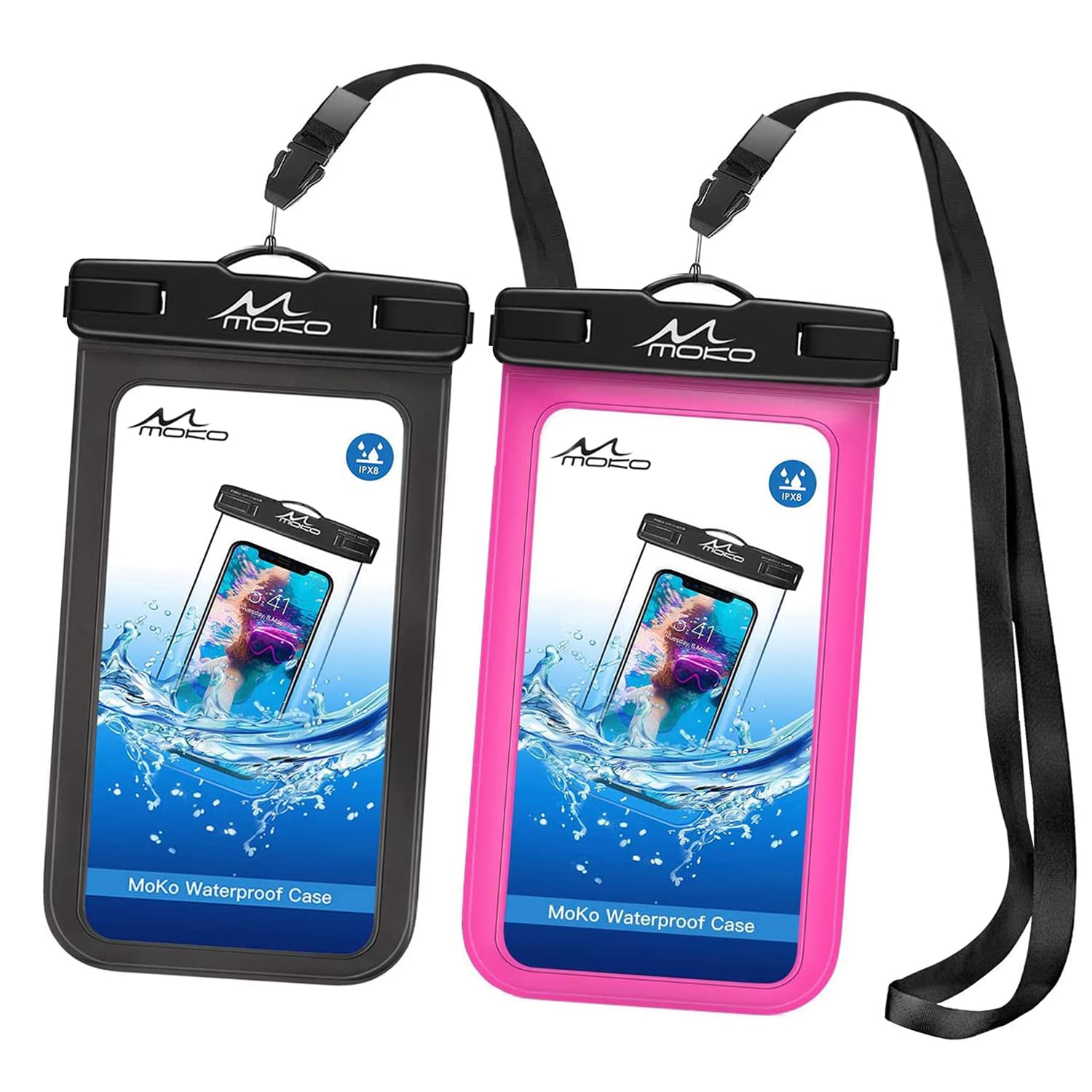Waterproof Phone Pouch 2 Pack - IPX8 Underwater Phone Case Dry Bag with Adjustable Lanyard & Armband for iPhone 16/15/14/13/12/11 Pro Max/X/Xr/Xs/SE 3, Samsung S24/S23/S22/S21/S10 - Perfect for Swimming, Beach, Kayaking & Outdoor Activities (Black+Magenta)