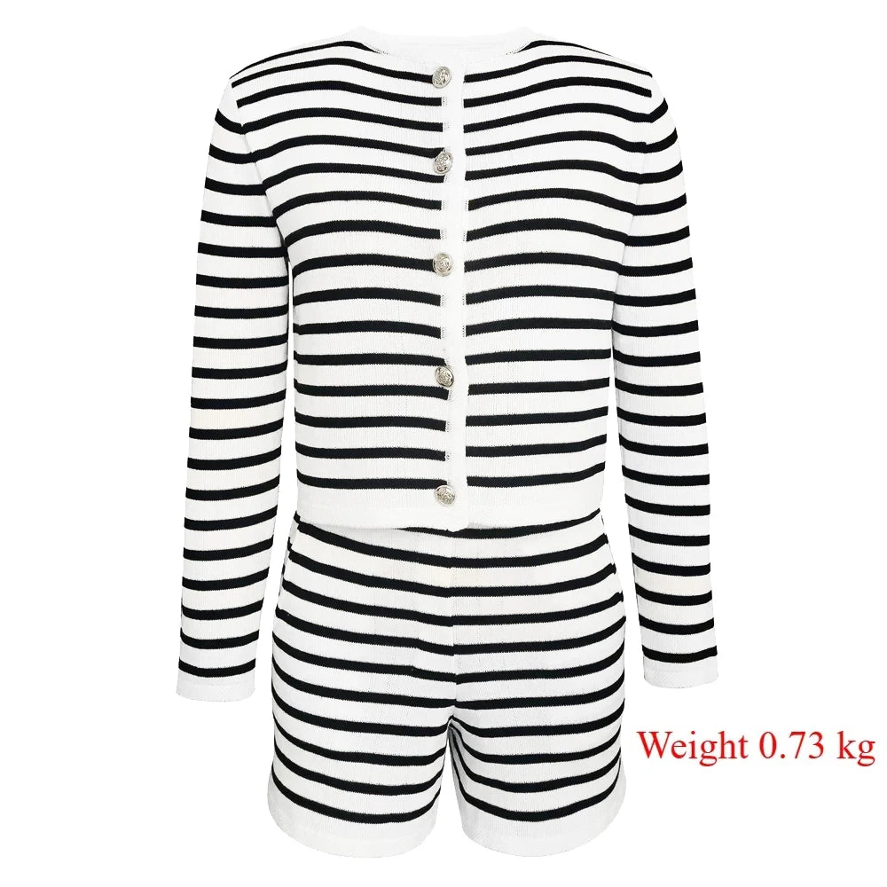 Women's Black and White Striped Sweater Cardigan & High Waist Shorts Set - Autumn Casual Outfit for Fall Fashion, Date Night, and Weekend Brunch