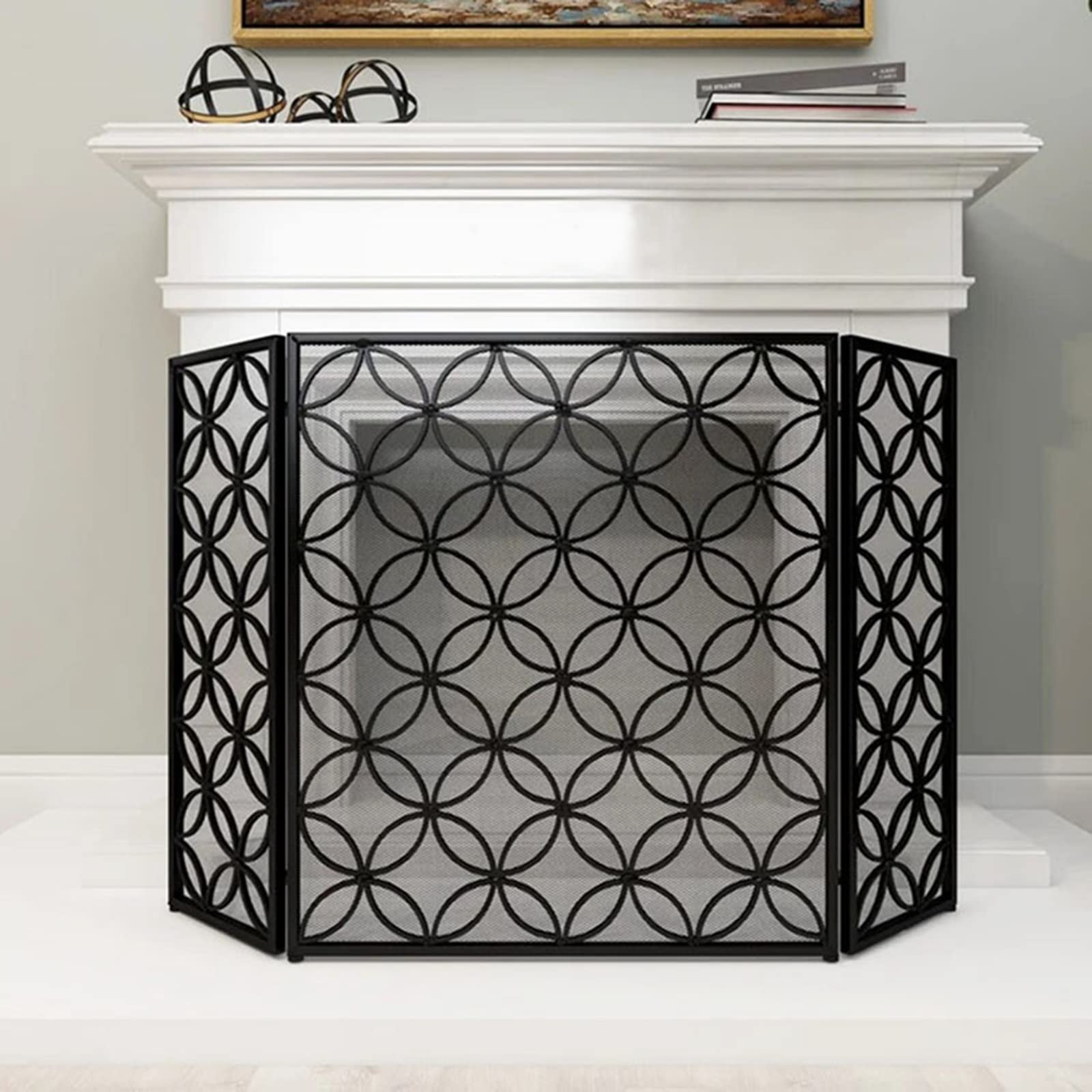 INKCOR 3-Panel Fireplace Screen - Foldable Spark Guard for Living Room Decor, Safety Mesh Curtain for Kids & Pets, Wrought Iron Finish - Perfect for Fireplace Safety & Home Decoration