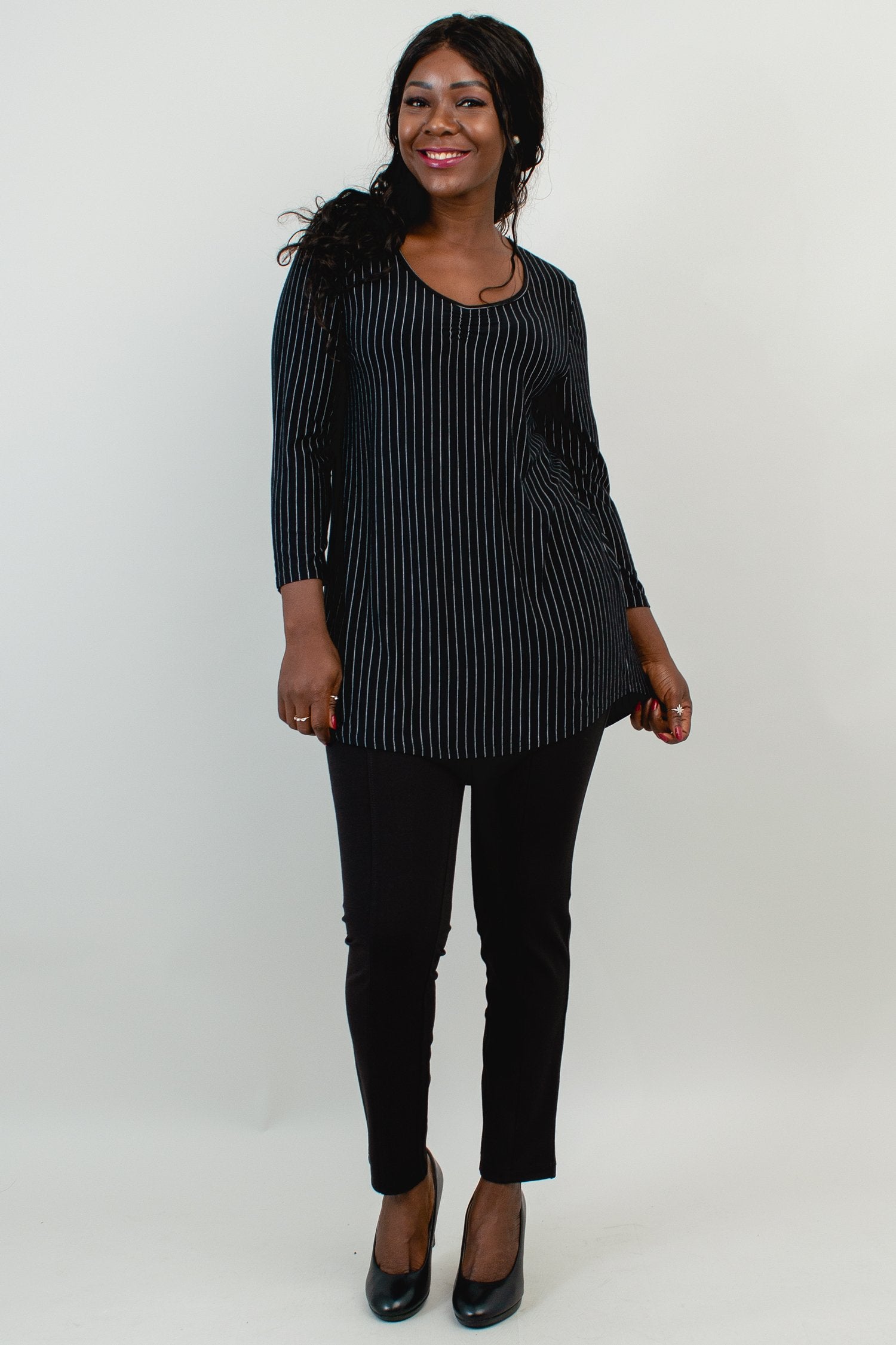 Franny Top - Black & White Pin Stripe Bamboo Blouse for Women | Soft & Breathable Eco-Friendly Shirt | Perfect for Office Wear, Casual Outfits & Summer Fashion