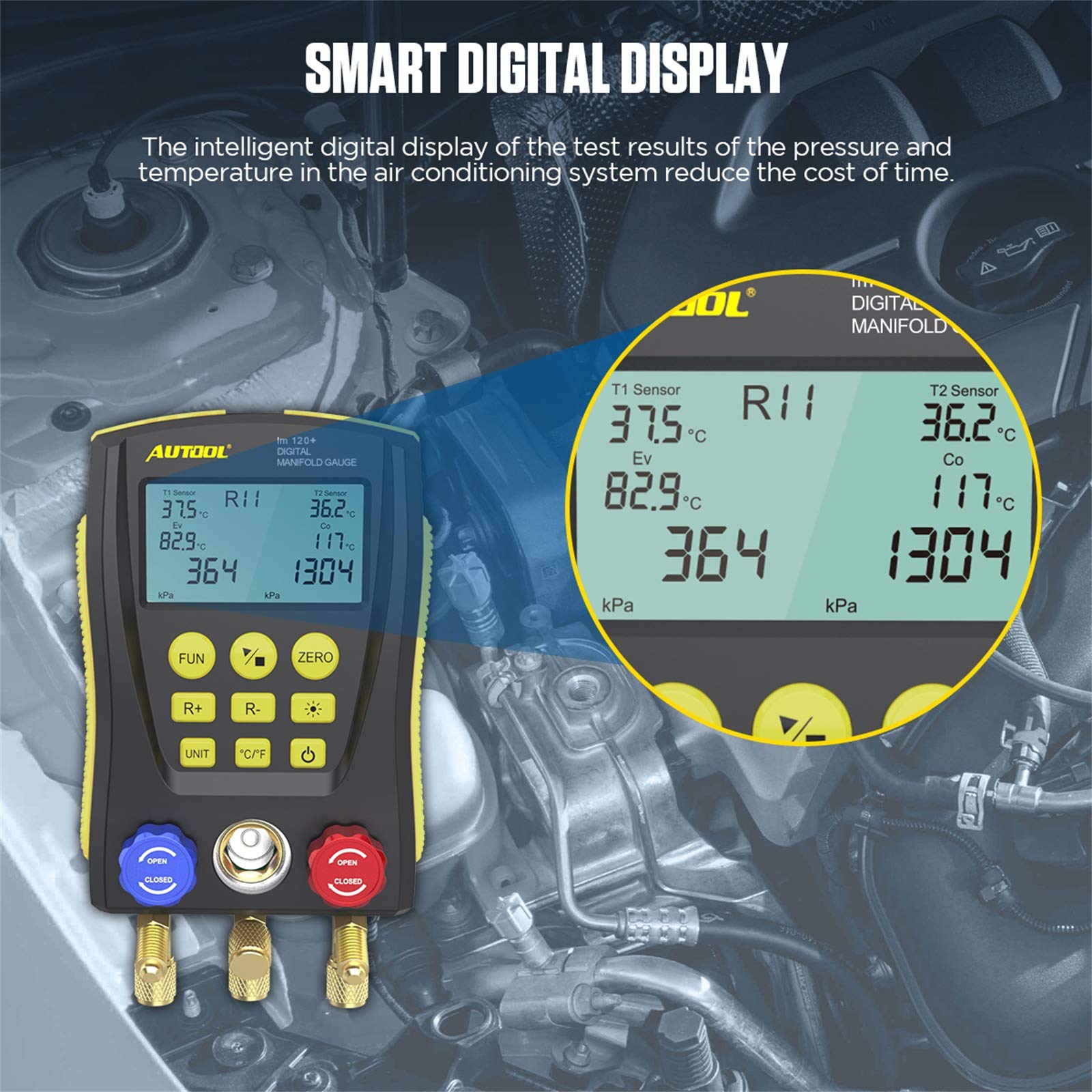 Professional Digital HVAC Manifold Gauge Set - Refrigeration Vacuum Pressure Temperature Tester Kit with Test Clips & Pipes for AC, Refrigerator Maintenance - Perfect for HVAC Technicians & DIY Home Appliance Repair