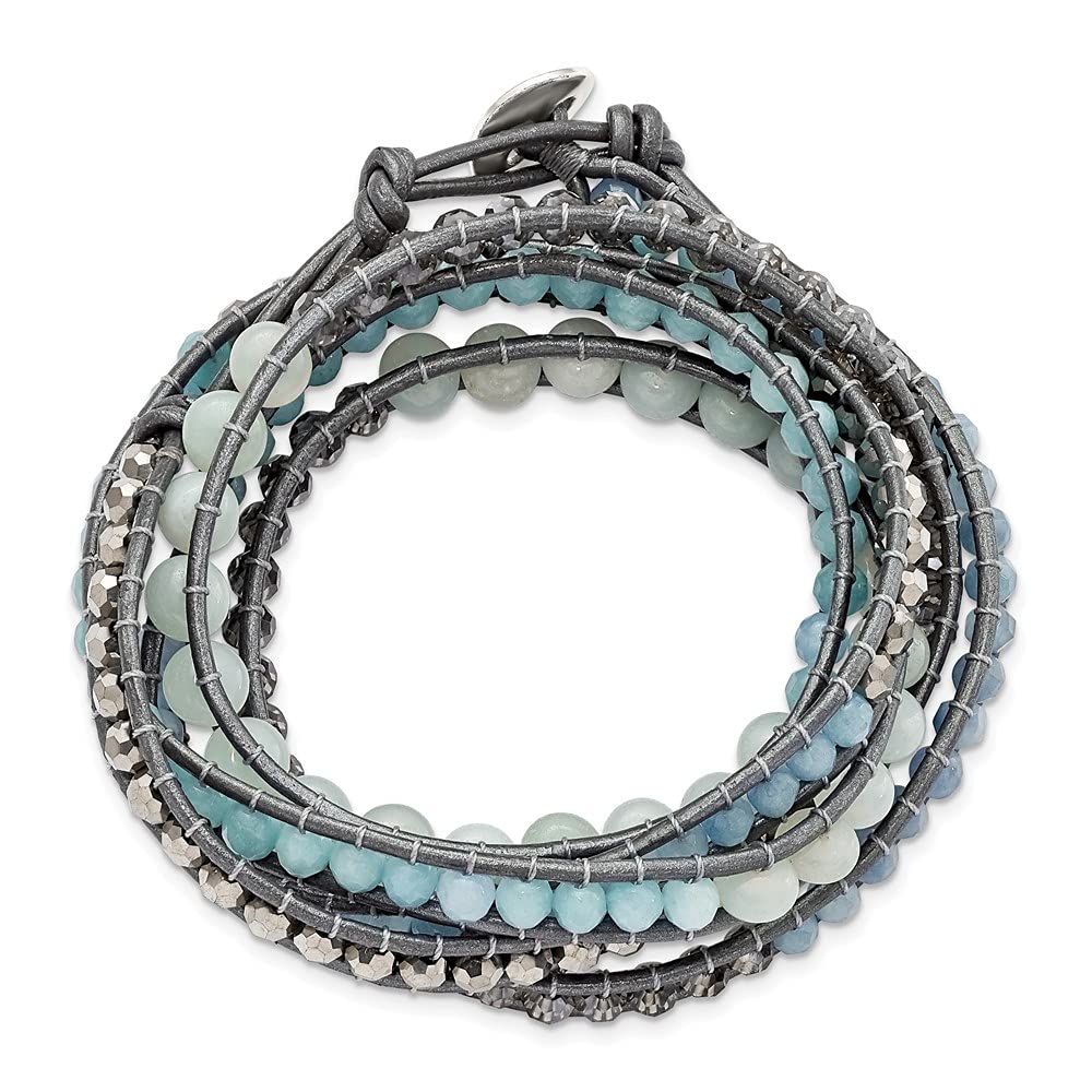 Aquamarine Blue Quartz Crystal Leather Multi-Wrap Bracelet for Women - Elegant Fine Jewelry Gift for Her, 34 Inch - Perfect for Weddings, Parties & Everyday Wear