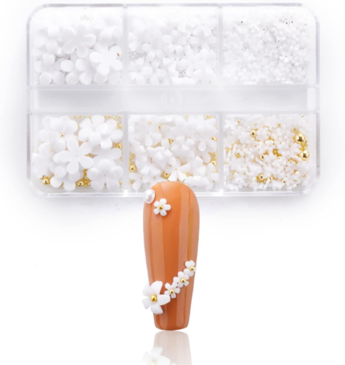 GOODIEBOX 6 Grid 3D Floral Acrylic Nails - Gold Silver Glitter Flower Charms with Nail Ball Beads & Resin Flowers for Nail Art Decoration, DIY Crafting, Bridal & Party Manicure Designs