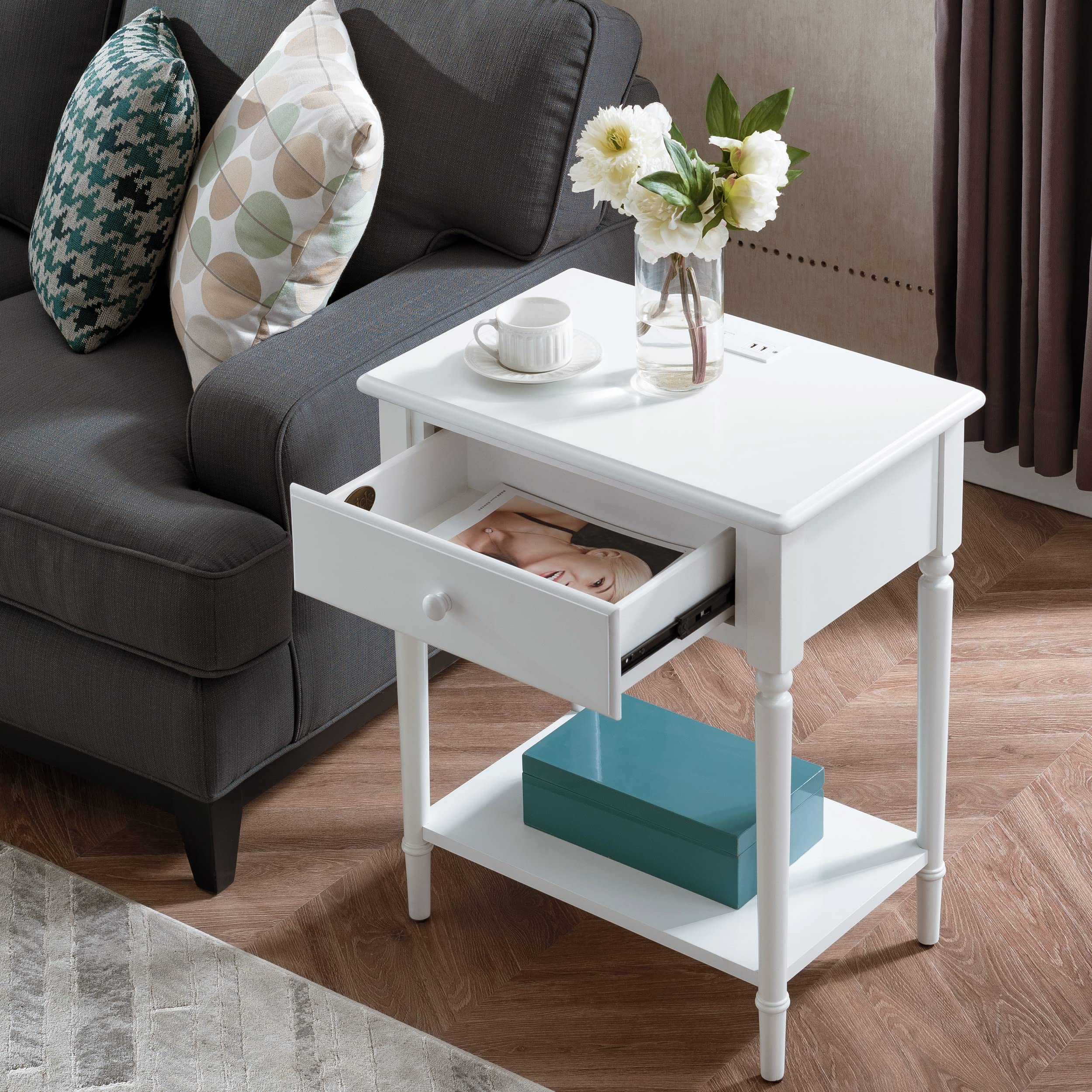 Coastal Style USB-C Fast Charging Side Table - Solid Wood Nightstand in Orchid White for Bedroom, Living Room & Small Spaces | Leick Home 20022-WT | Perfect for Charging Devices by Bed or Sofa