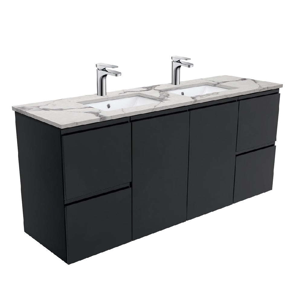 Fienza SM150ZBD Black Calacatta Marble Double Sink Bathroom Vanity - 1500mm Wall Mounted with Finger Pull Design | Perfect for Modern Master Bath & Powder Room Renovations