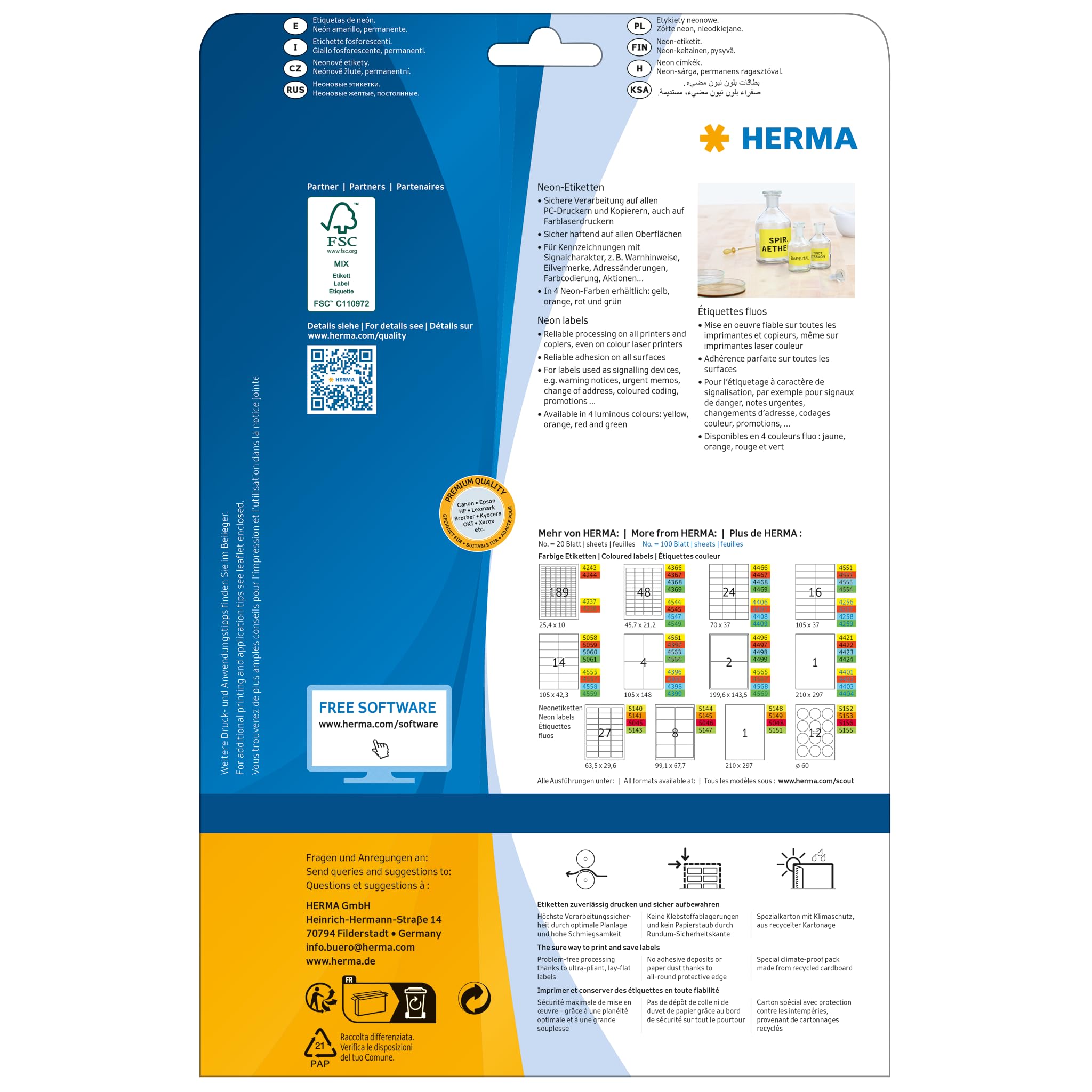 HERMA 5140 Self Adhesive Colored Labels - 540 Neon Yellow Blank Stickers (63.5x29.6mm), 27 Labels per A4 Sheet, 20 Sheets - Compatible with Laser & Inkjet Printers - Perfect for Office Organization, Shipping Labels & Product Packaging