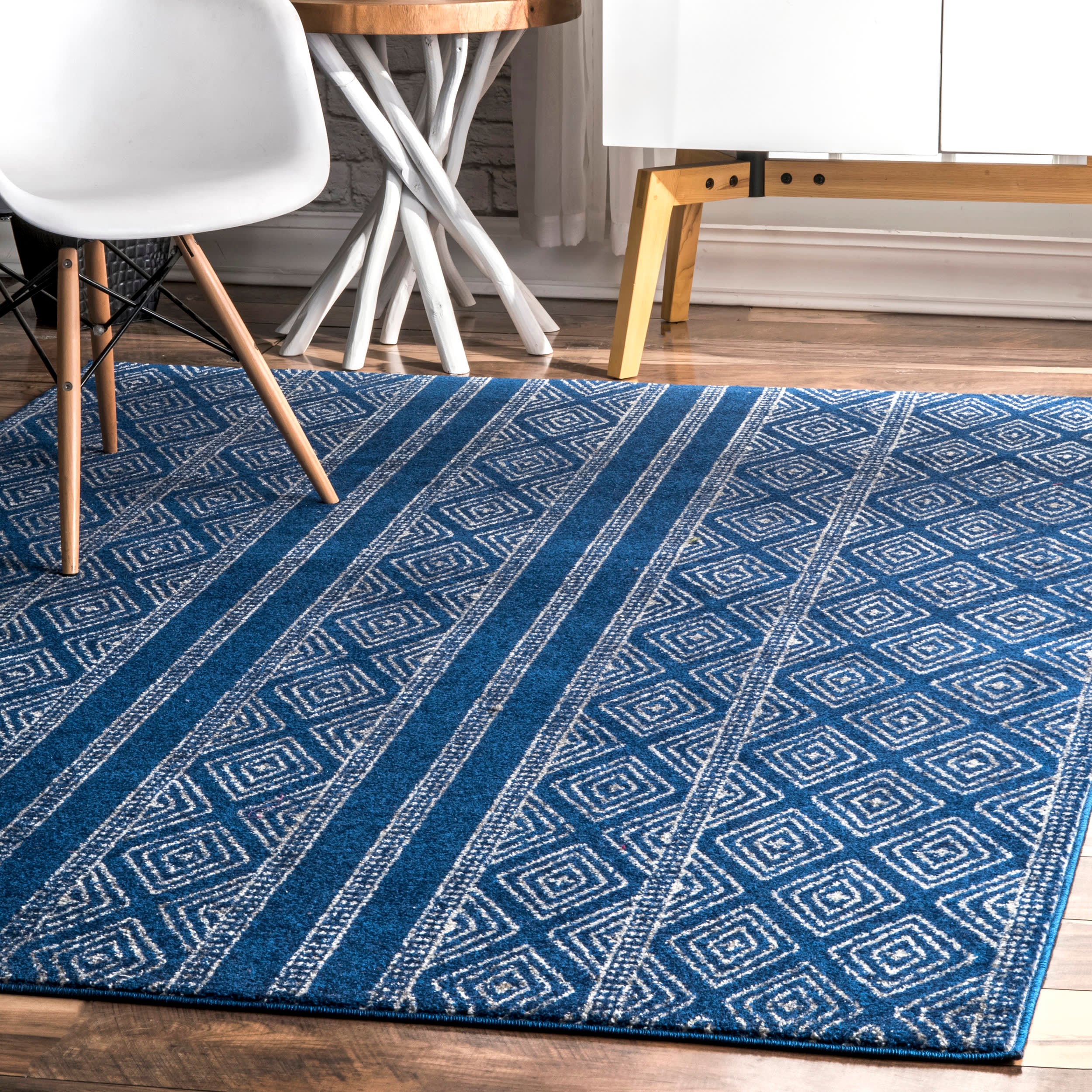 Banded Bird's Eye Diamonds Area Rug | Blue Geometric Bohemian Design - Perfect for Living Room, Bedroom & Home Decor