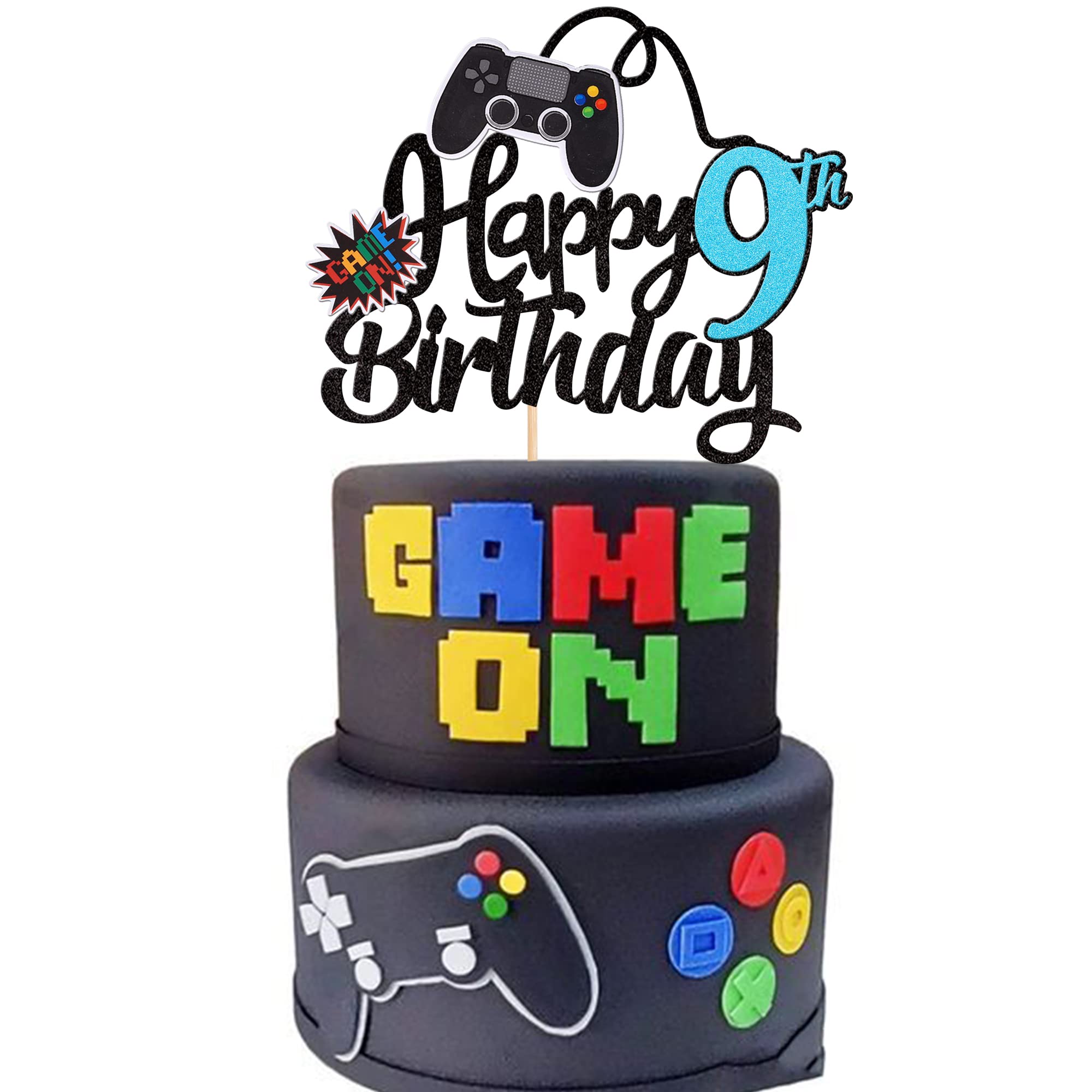 1 PCS Video Game Happy 9th Birthday Cake Topper - Glitter Game Controller Cake Pick - Nine Cheers to 9 Years Cake Decoration - Blue Birthday Party Supplies for Kids Gaming Theme Celebration | Perfect for Birthday Cakes, Cupcakes & Party Decorations