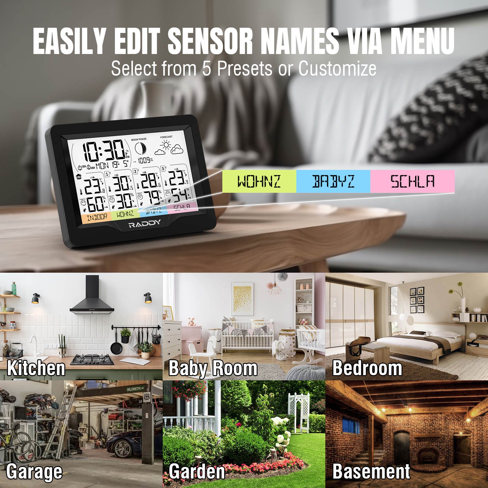 Raddy WF 60M Wireless Weather Station with 3 Remote Sensors - Customizable Sensor Names, Atomic Clock, Weather Forecast & Alerts for Home, Garden, and Outdoor Activities