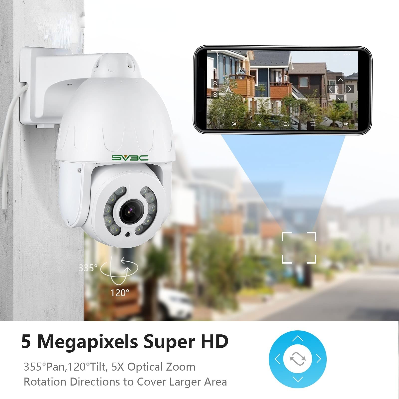 SV3C 5MP PTZ Outdoor Security Camera with 5X Optical Zoom - ONVIF POE IP Camera, Auto Tracking, Super HD Night Vision, Two-Way Audio, Waterproof, Motion Detection (Works with BlueIris & Camhipro) - Ideal for Home Surveillance, Business Monitoring & Outdoor Security