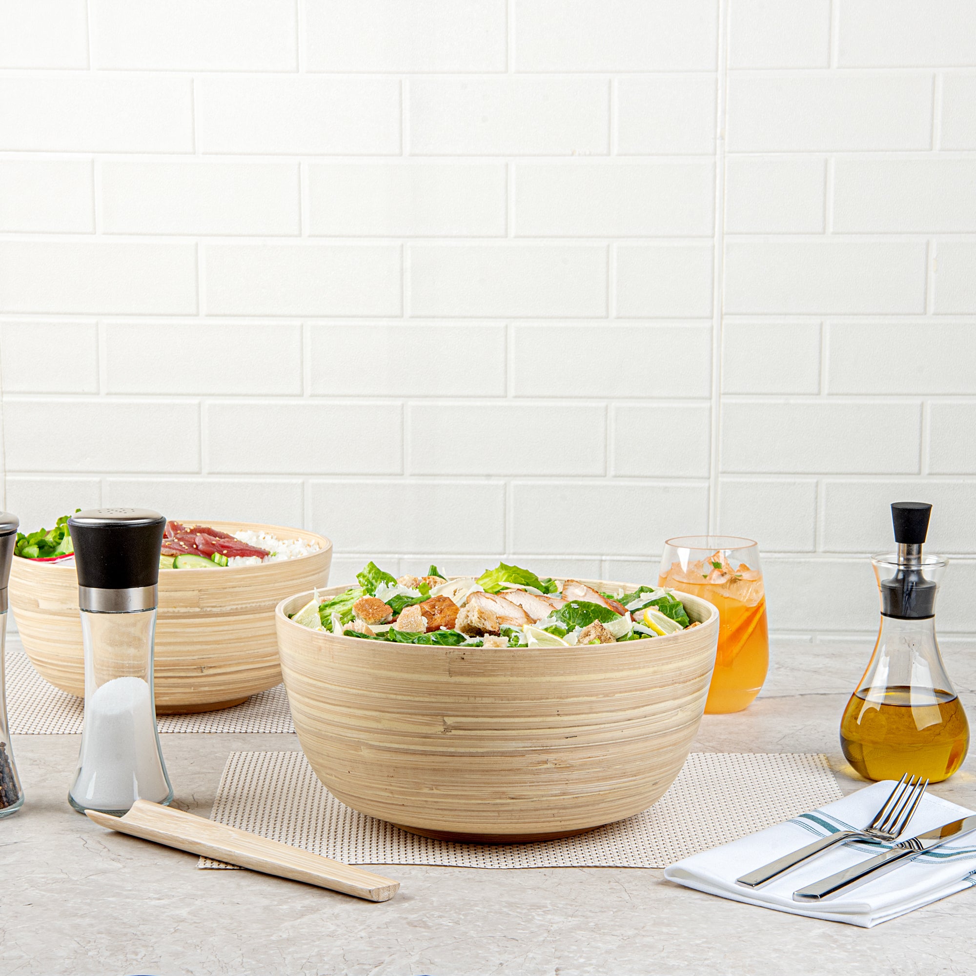 Bambuddha 30 oz Large Round Natural Spun Bamboo Salad Bowl - 11 x 11 x 5.5 Inches - Eco-Friendly Serving Bowl for Salads, Pasta, Fruits & Party Dishes - 1 Count Box