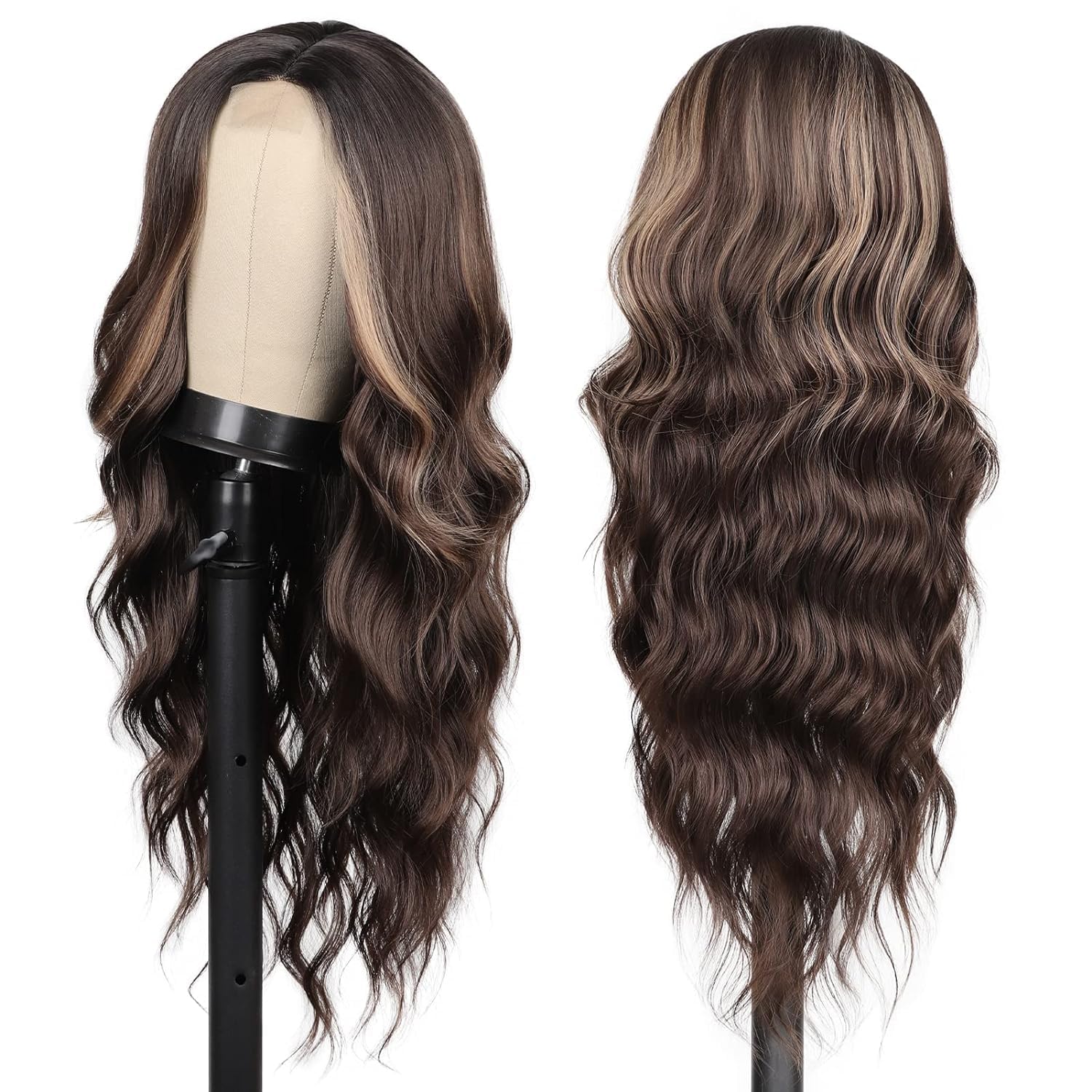 VSAKSH 26 Inch Long Curly/Wavy Synthetic Wig with Middle Part & Golden Highlights for Women - Perfect for Cosplay, Halloween, and Daily Fashion