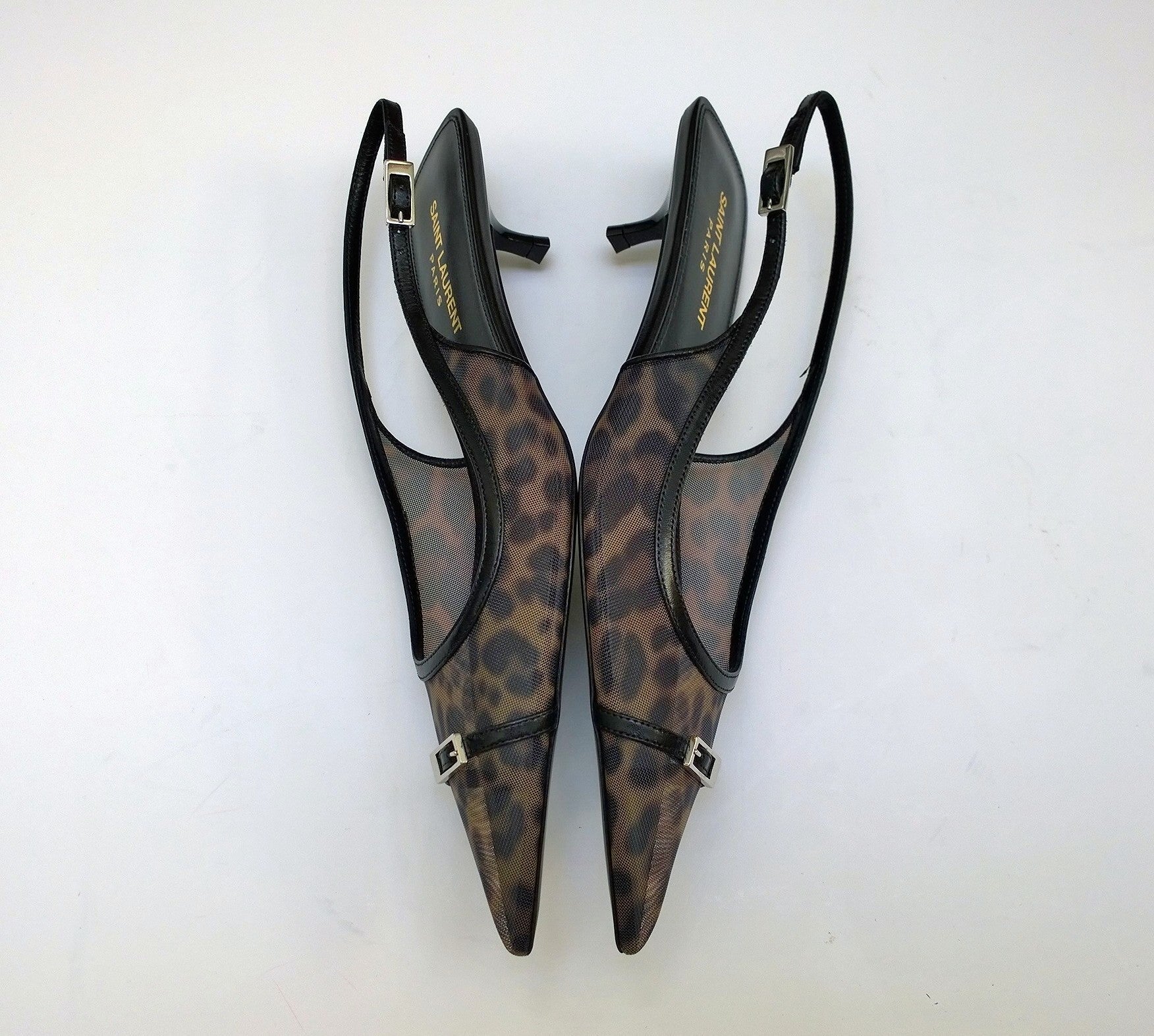 Saint Laurent Oxalis Leopard Print Mesh Slingback Heels - Kitten Heel 30mm - New in Box - Perfect for Evening Parties & Date Nights
