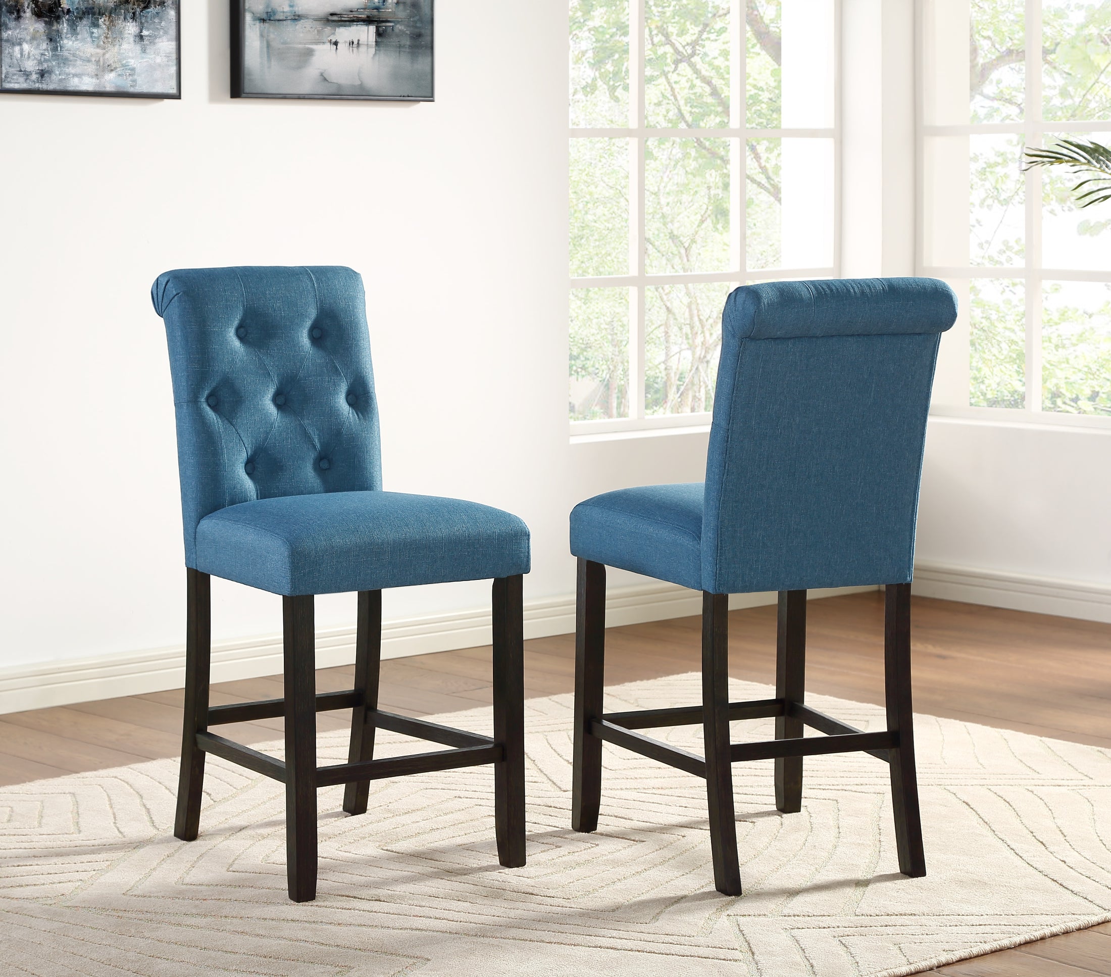 Roundhill Furniture Leviton Solid Wood Tufted Bar Stools, Set of 2 - Blue Upholstered Counter Height Stools for Kitchen Island, Breakfast Bar & Home Decor