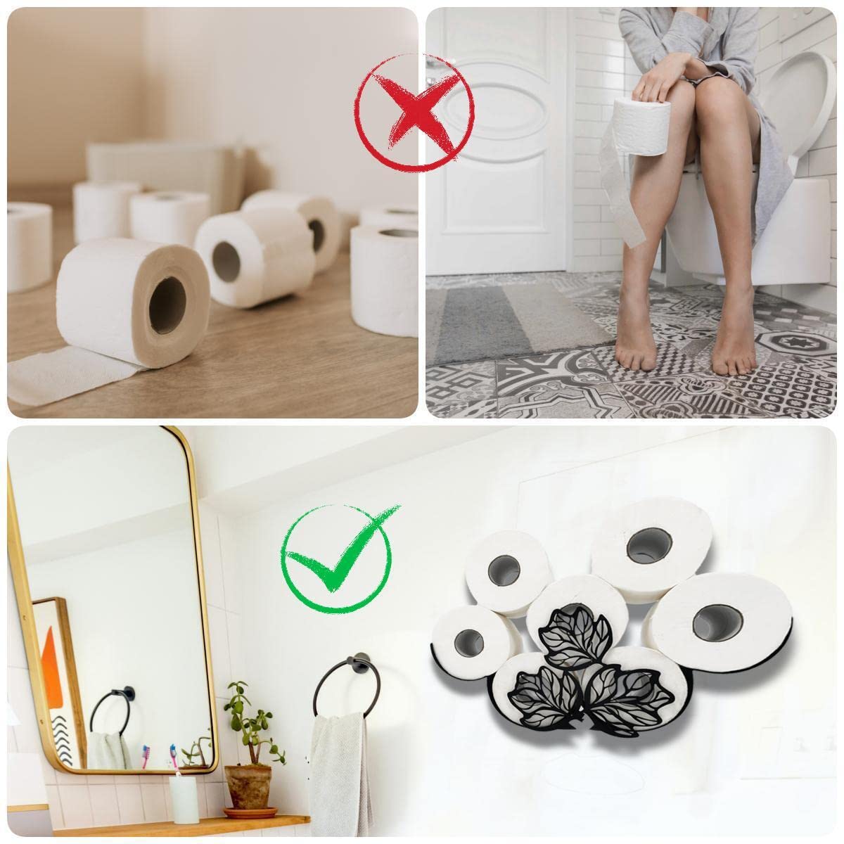Black Metal Leaves Wall-Mounted Toilet Paper Holder - Animal Decorative Tissue Storage Organizer for Bathroom - Holds 8 Extra Rolls - Perfect for Home, Apartment, and RV Bathroom Decor