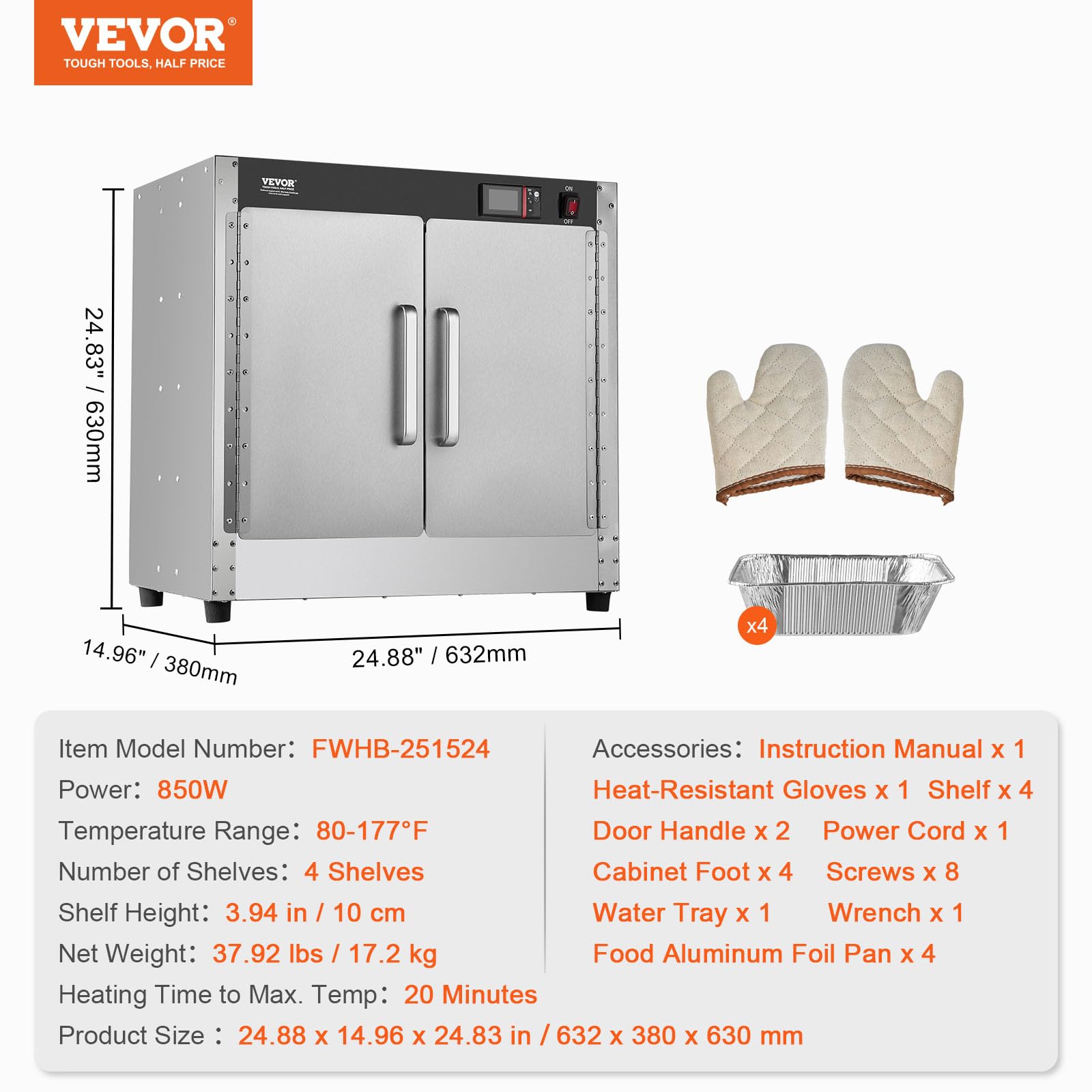 VEVOR 4-Tier Commercial Food Warmer Cabinet - Stainless Steel Concession Warmer with Water Tray, 4 Pans & Adjustable Shelves - Perfect for Restaurants, Catering & Pizza Shops - Keep Pizza, Chicken & Meals Hot for Serving
