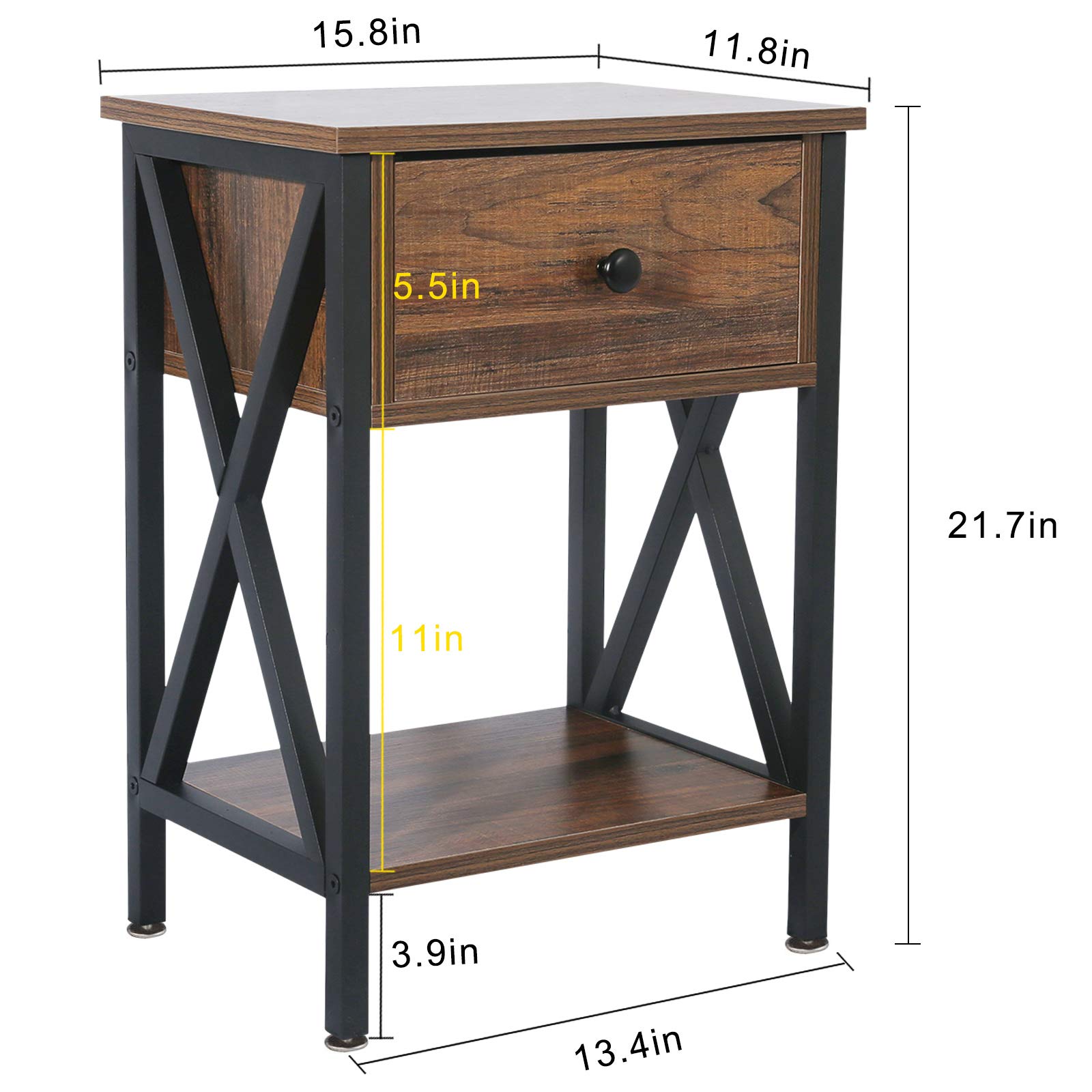 QCen Industrial Side End Table Nightstand with Drawer and Shelf - Rustic Brown Wood X-Design Bedside Storage - Easy Assembly Set of 2 for Bedroom, Living Room, Office & Dorm Decor