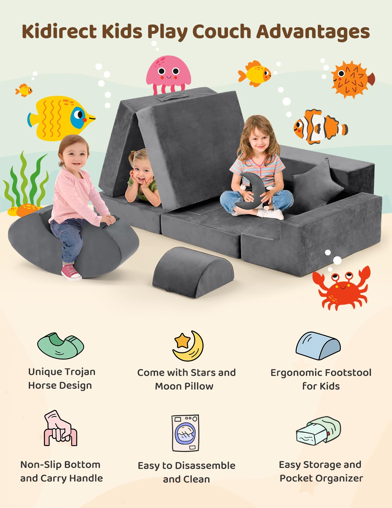 Kidirect Modular Kids Play Couch - K12 PRO 400+ DIY Creative Foam Sofa for Playroom & Toddler Activities | Upgraded Convertible Rocking Horse & Building Fort with Star Moon Design (Grey) | Perfect for Indoor Play, Learning & Imagination Development