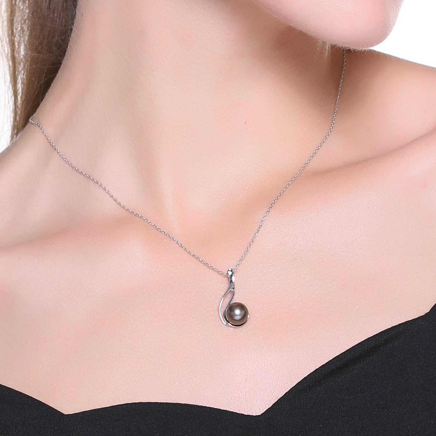 Tahitian Black Pearl Necklace - 9-10mm Cultured Pearl with 925 Silver Chain for Women, Perfect for Weddings & Evening Events