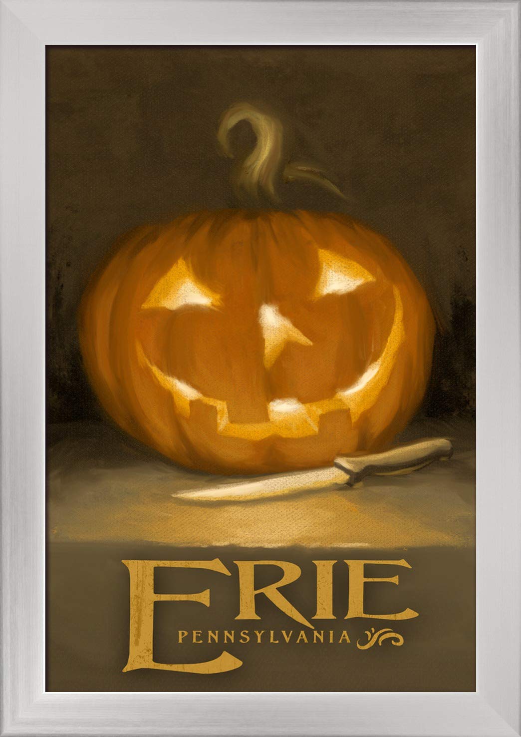 Eerie Jack-O-Lantern Halloween Oil Painting - 12x18 Giclee Fine Art Print with Recycled Wood Frame in Silver | Spooky Home Decor for Halloween Party & Gothic Interior Design