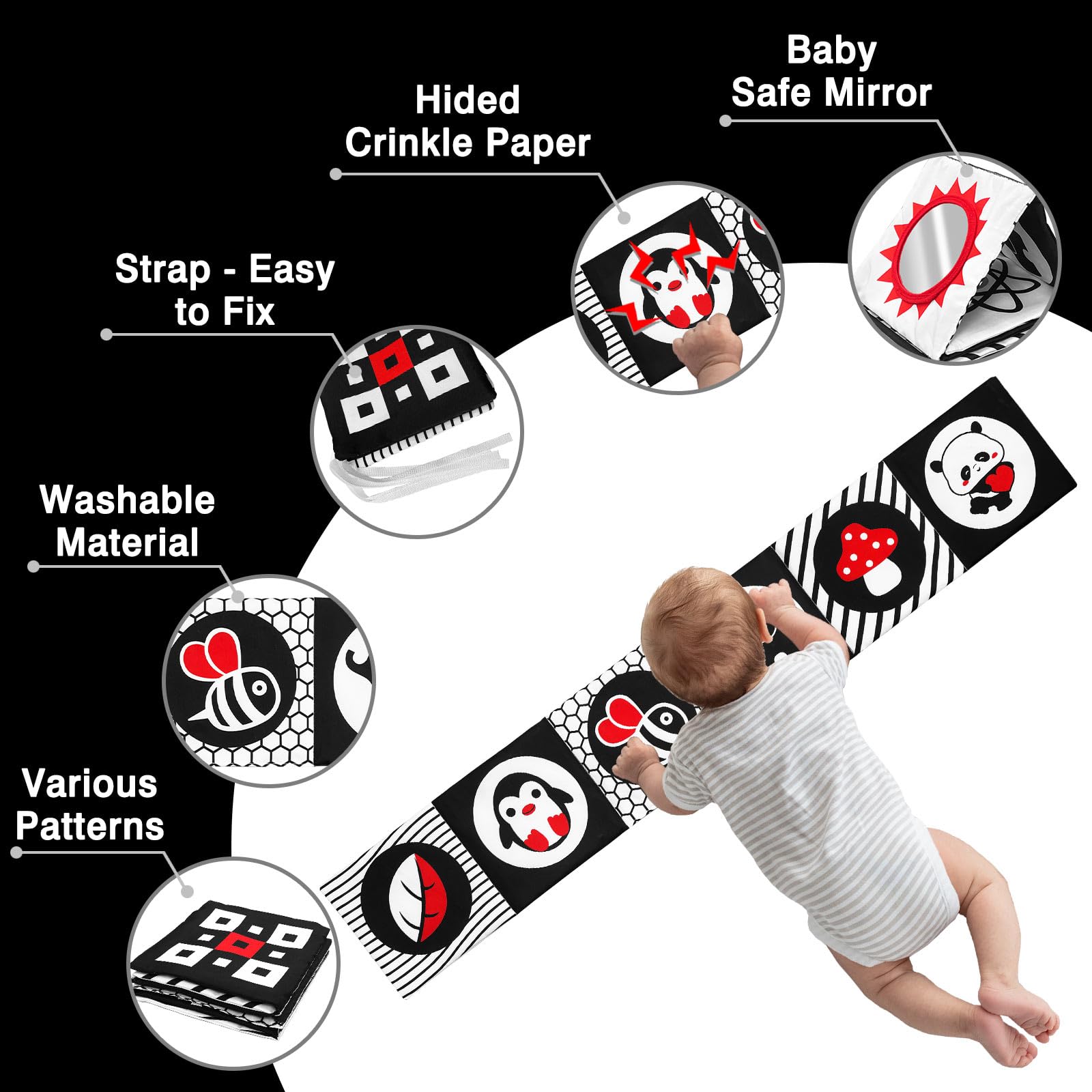 Kopokita Black and White High Contrast Baby Toys for Newborns 0-6 Months - Soft Sensory Book, Tummy Time Toys for Infant Visual Stimulation & Brain Development - Montessori Learning Toy Gift for Baby Shower, Nursery Playtime and Early Childhood Education