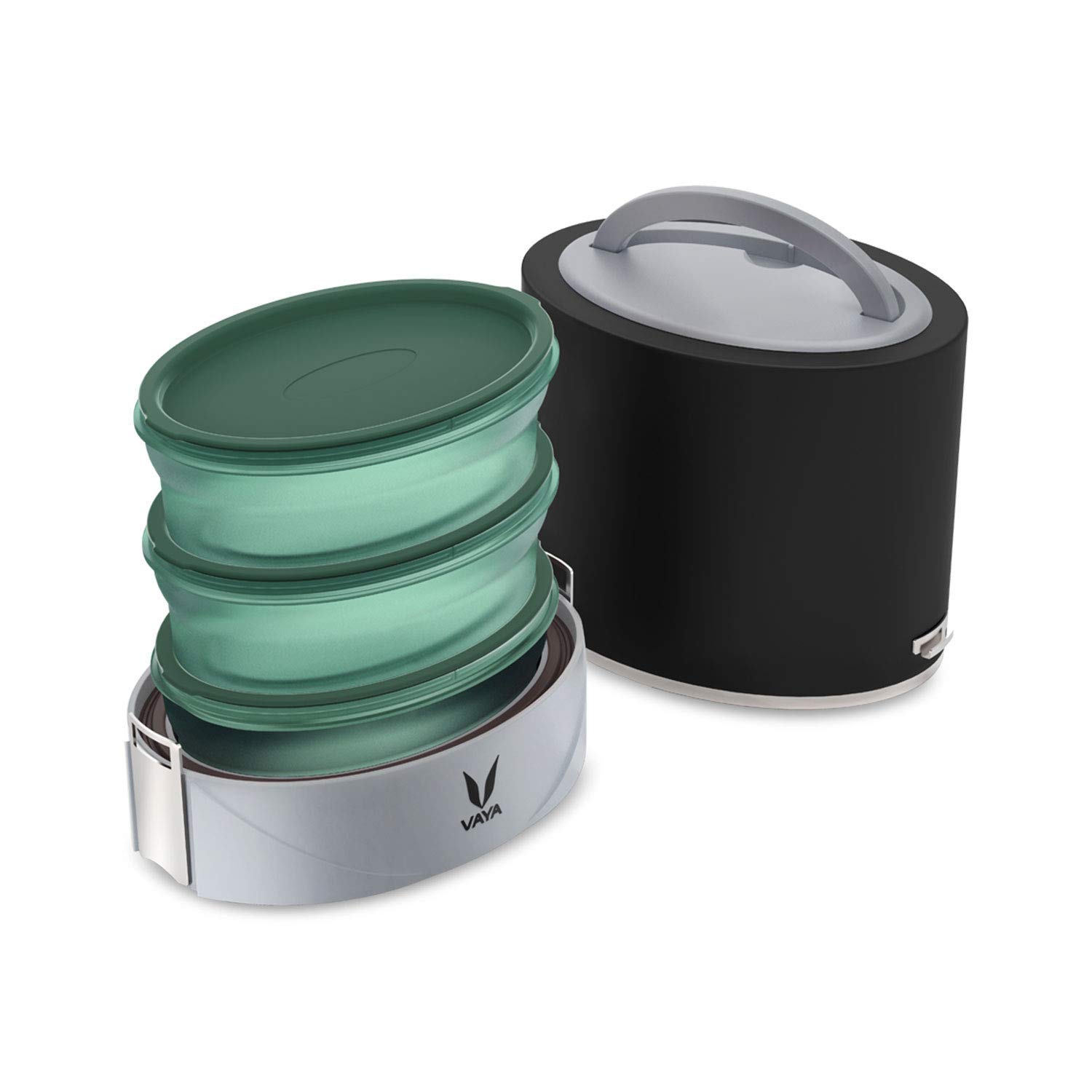 Premium Vacuum Insulated Stainless Steel Lunch Box - Vaya Tyffyn Flex 1000ml BPA-Free Microwave Safe 3-Container Tiffin Set for Office, School & Travel | Executive Meal Prep Solution for Men & Women | Black