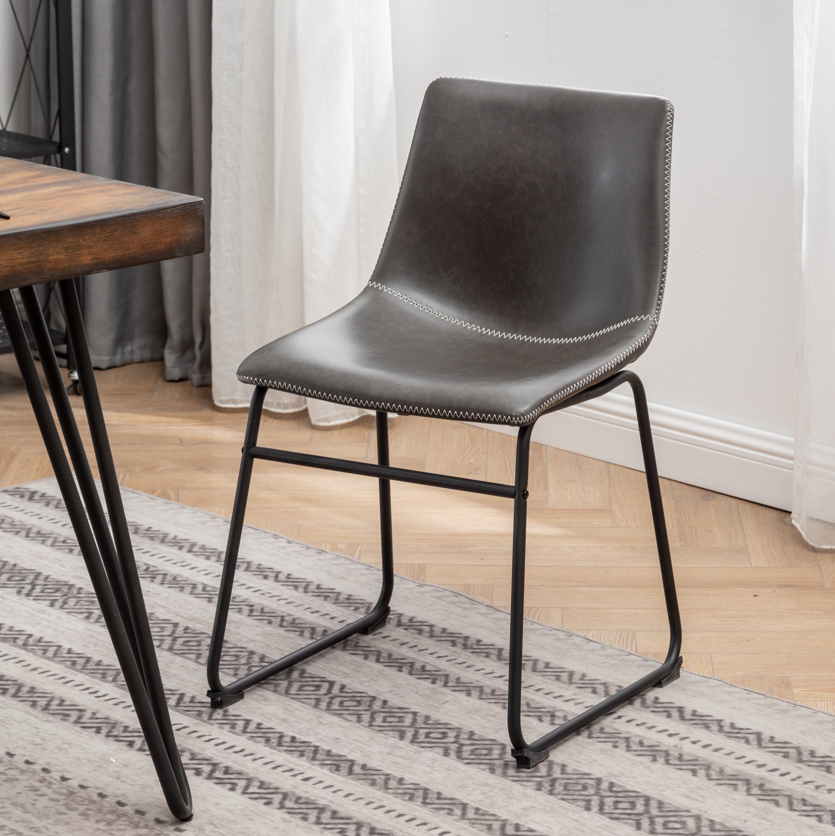 Roundhill Furniture Aryven 7-Piece Industrial Dining Set - Rustic Dark Pine Table & 6 Faux Leather Chairs for Kitchen, Dining Room & Restaurant Decor