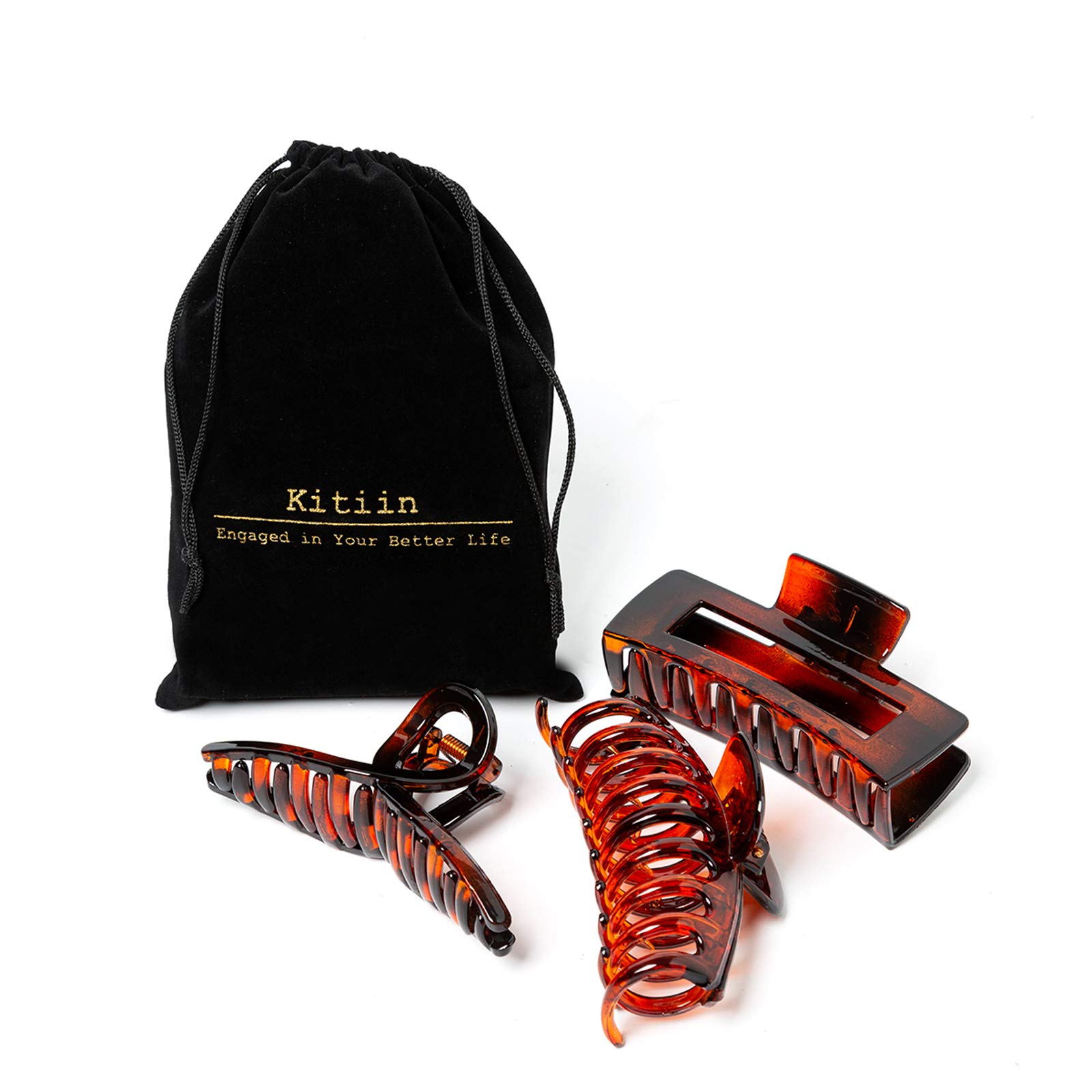 Kitiin Black Hair Claw Clips for Women - Strong Hold Large Jaw Clips for Thick, Fine & Thin Hair (3-Pack, Tortoise Shell Design) - Perfect for Updos, Ponytails & Everyday Hairstyles