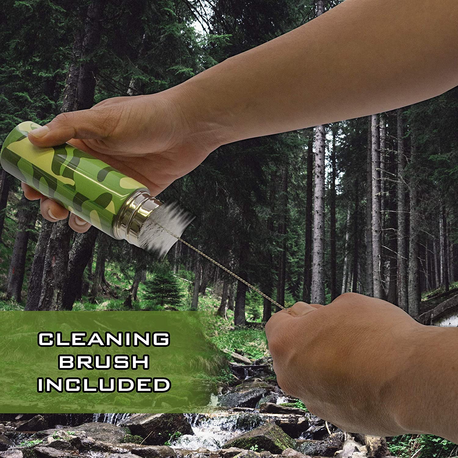 CASEMATIX 5oz Stainless Steel Portable Spit Cup with Cleaning Brush - Camo Design Travel Spittoon for Chewing Tobacco | Wide Mouth Reusable Spit Bottle for Car, Truck & Outdoor Use