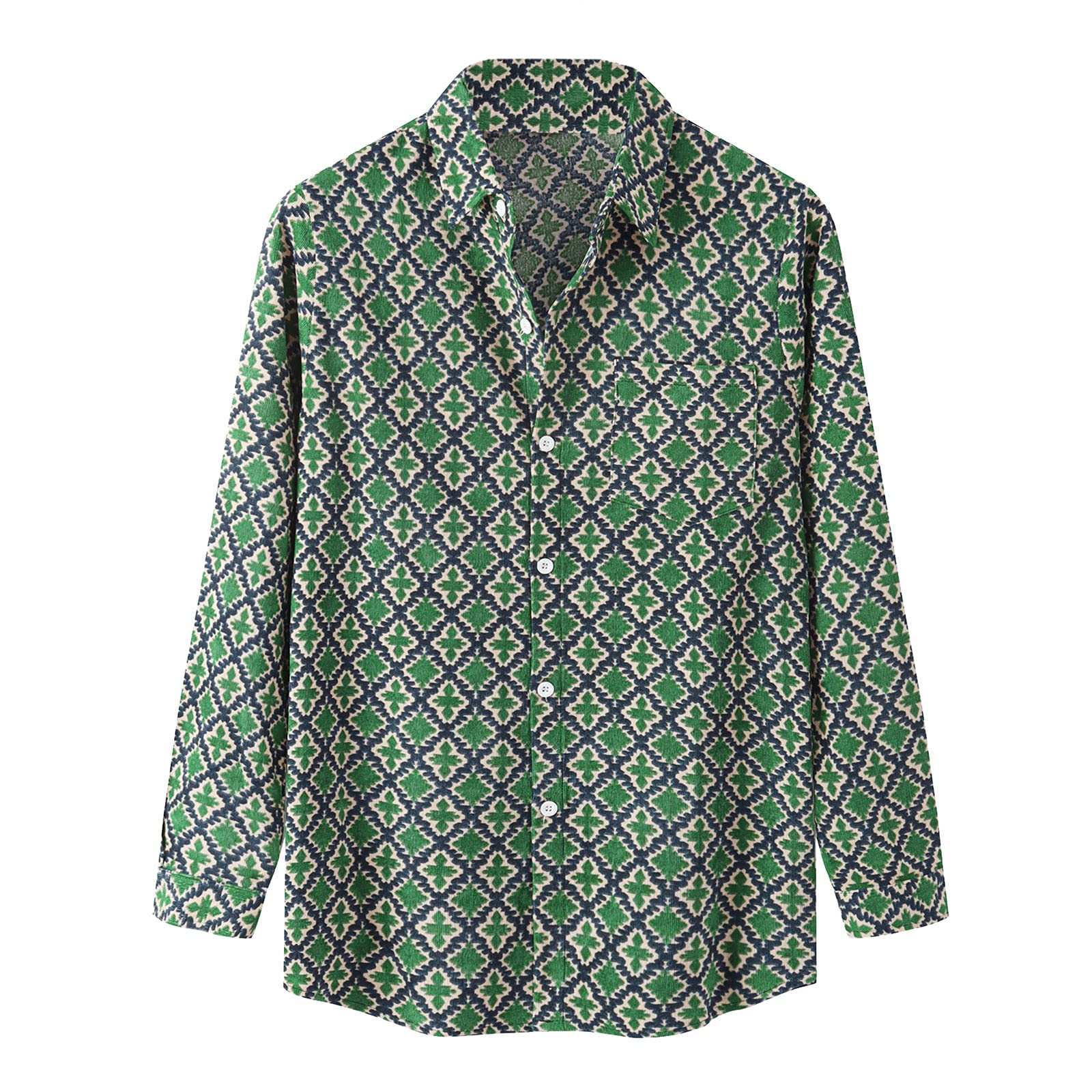 Men's Corduroy Long Sleeve Button Down Shirt with Geometric Print - Casual Turn-Down Collar Tops for Work, Date Night & Everyday Wear