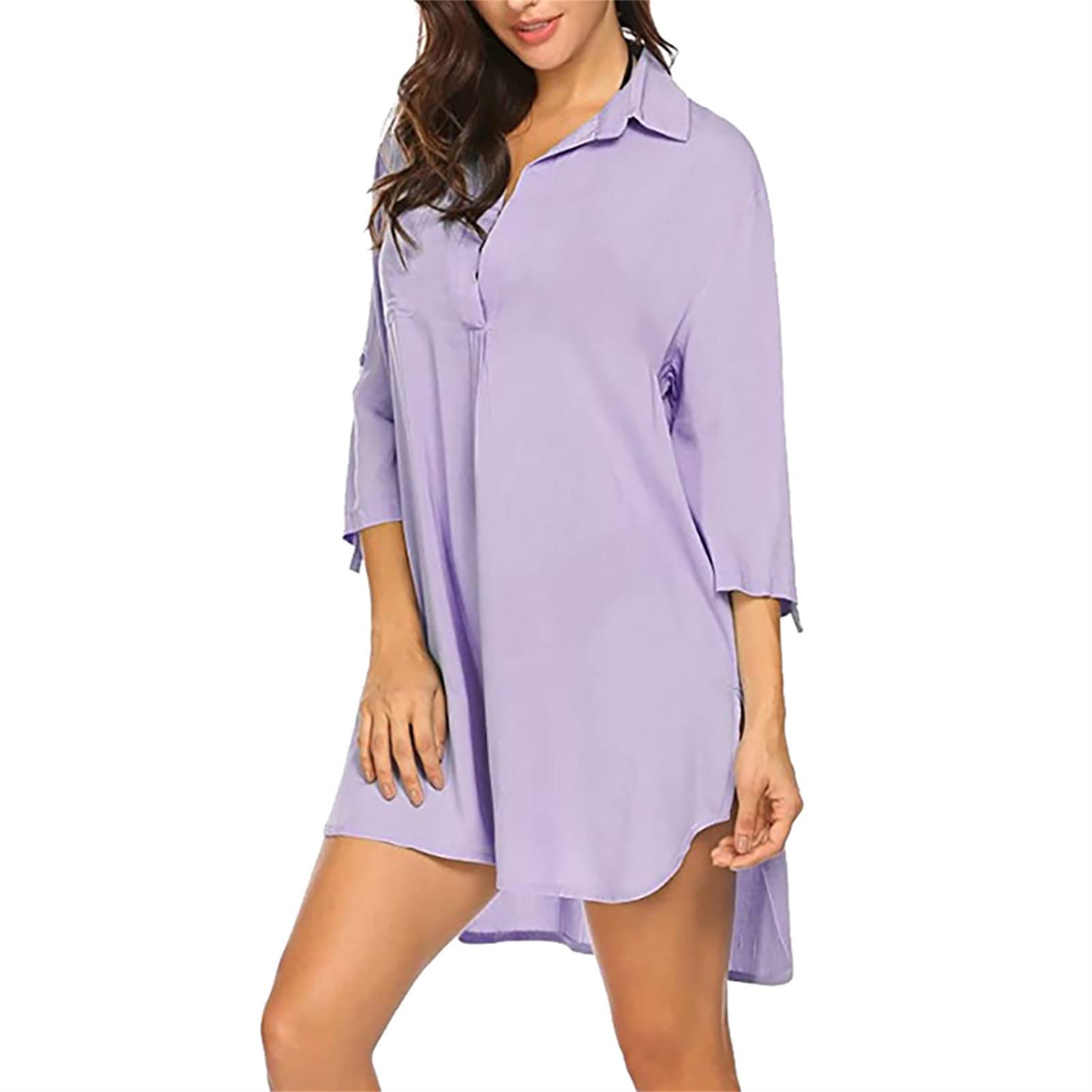 Women's Button Down Shirt Dress - Deep V Neck 3/4 Sleeve Solid Color Tunic Dress with Pockets | Loose Fit Casual Short Dress for Work, Date Night & Summer Outings