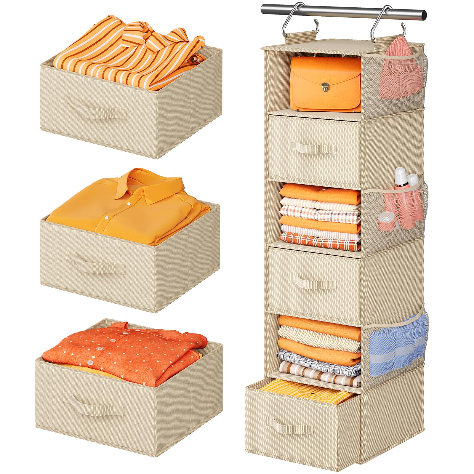 Pipishell 6-Shelf Hanging Closet Organizer with 3 Removable Drawers & Side Pockets - Space Saving Storage for Clothes, Shoes & Accessories - Perfect for Bedroom, Closet or Garment Rack (12