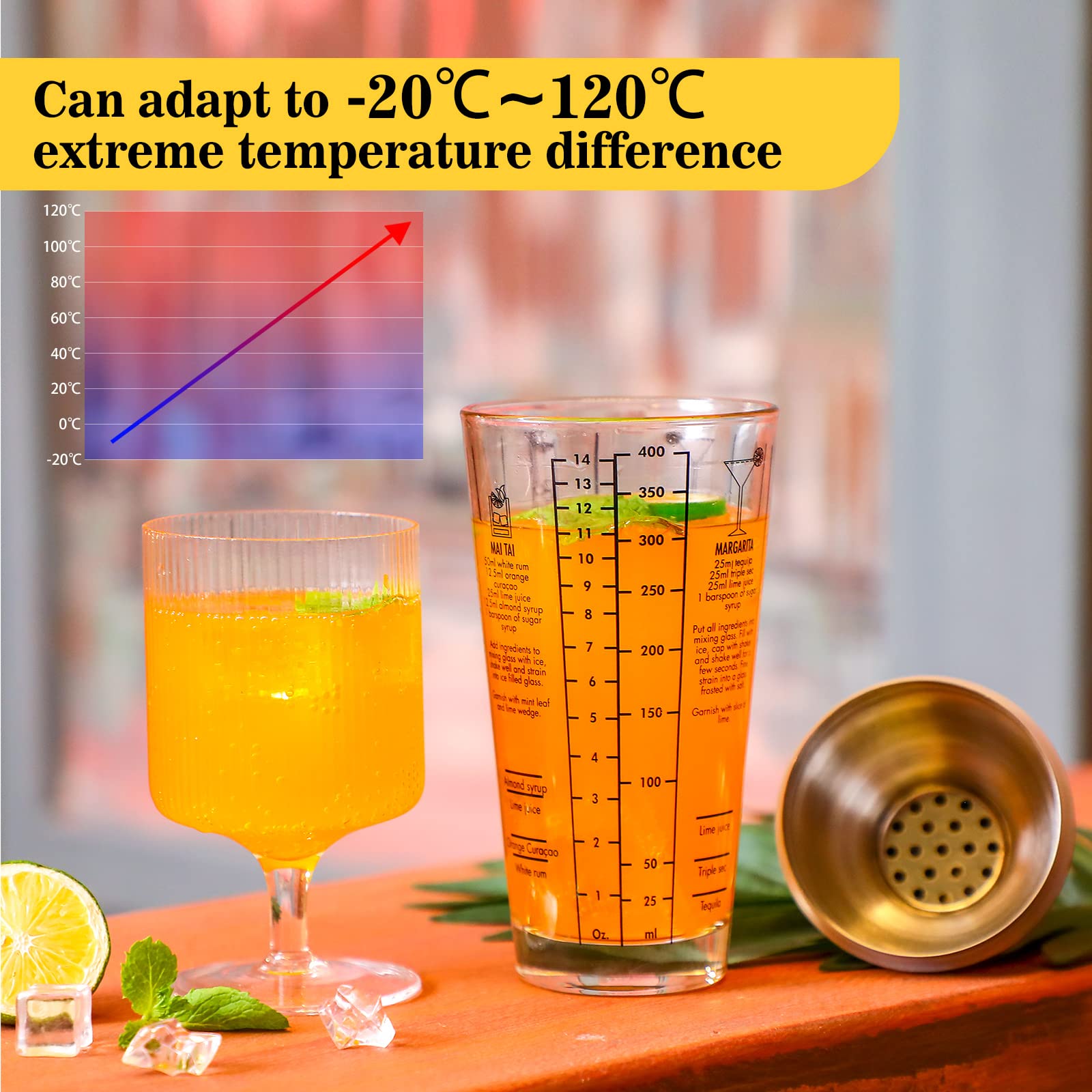 Roshtia 4-Piece 14oz Clear Glass Cocktail Shaker Set with Built-in Measurement Scale, Strainer & Recipe Guide - Professional Bartender Tools for Mixing Martinis, Margaritas & Cocktails at Home Bars, Parties & Restaurants