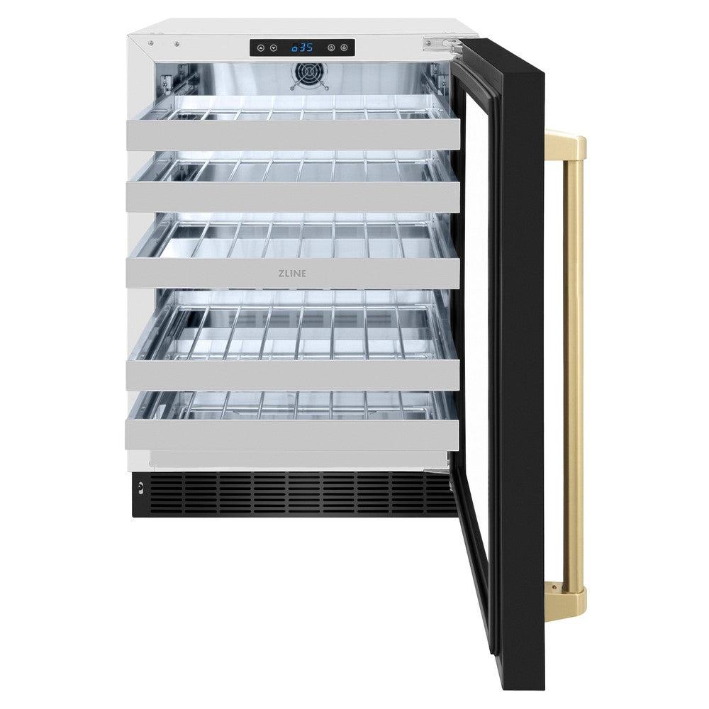 ZLINE Autograph Edition 24 Inch Touchstone Dual Zone 44 Bottle Wine Cooler - Black Stainless Steel Glass Door & Champagne Bronze Handle - Perfect for Home Bars, Wine Cellars, and Entertaining (RWDOZ BS 24 CB)