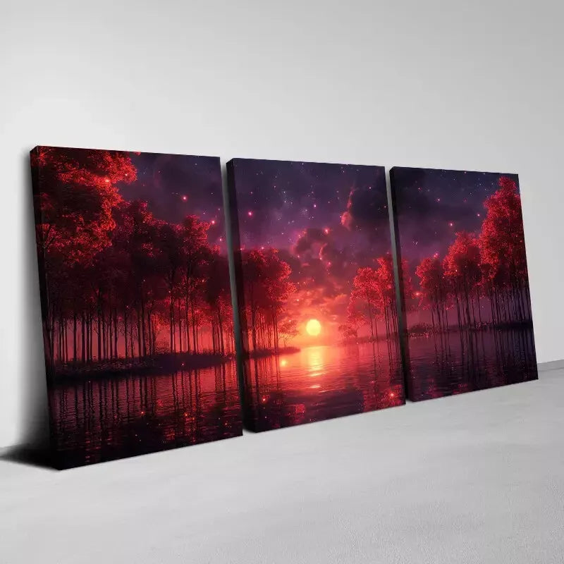 3pcs Charming Lake Red Trees Sunset View Wall Art Canvas Set - Framed 40x60cm High Quality Print | Australian Made Ready-to-Hang Decor for Living Room, Bedroom & Office