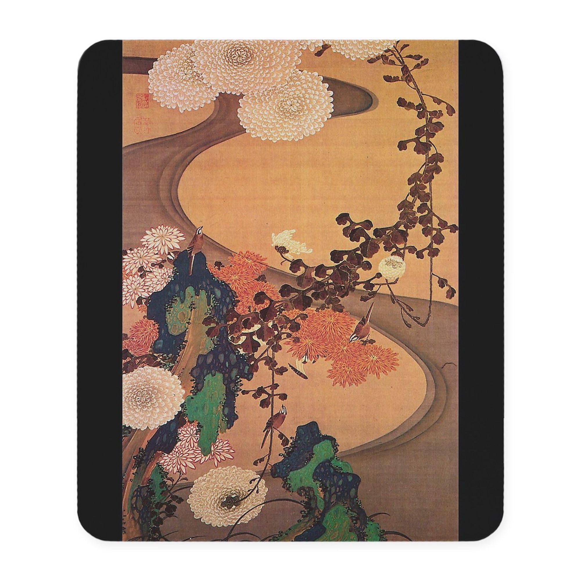 Vintage Japanese Chrysanthemum Flowers Painting Mouse Pad - Non-Slip Rubber Gaming Mousepad for PC, Laptop, Office & Home Use