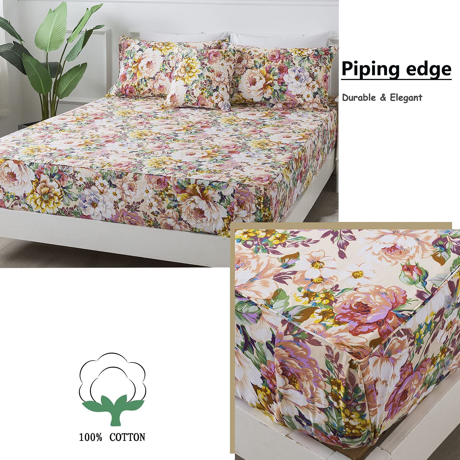 FADFAY 7-Piece Queen Size Floral Bedding Set - 100% Cotton Duvet Cover, Pink & Orange Soft Breathable Hypoallergenic Peony Flower Sheets with Deep Pocket (17.5