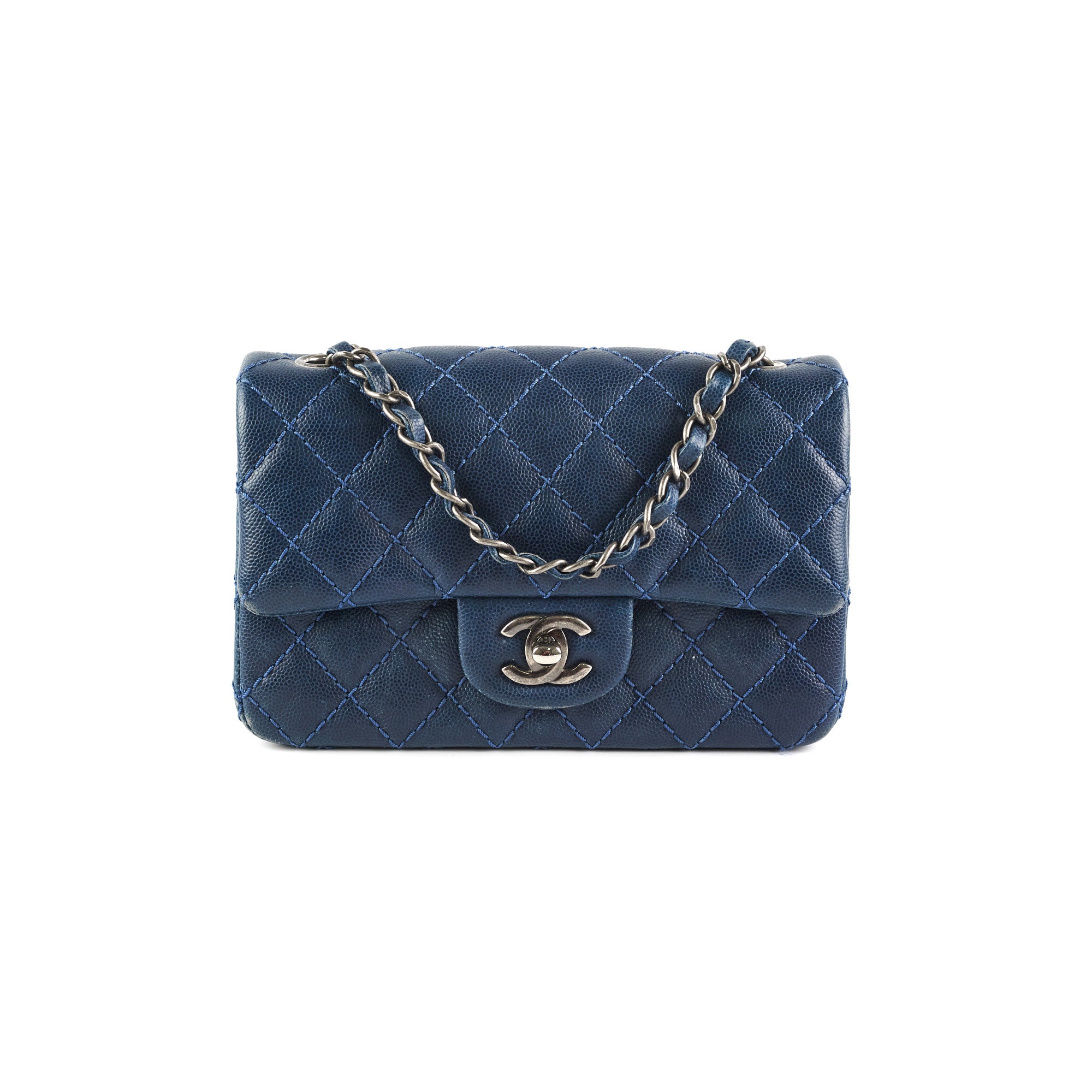 Chanel Mini Rectangular Flap Bag in Blue Caviar Leather - Perfect for Evening Out & Special Occasions