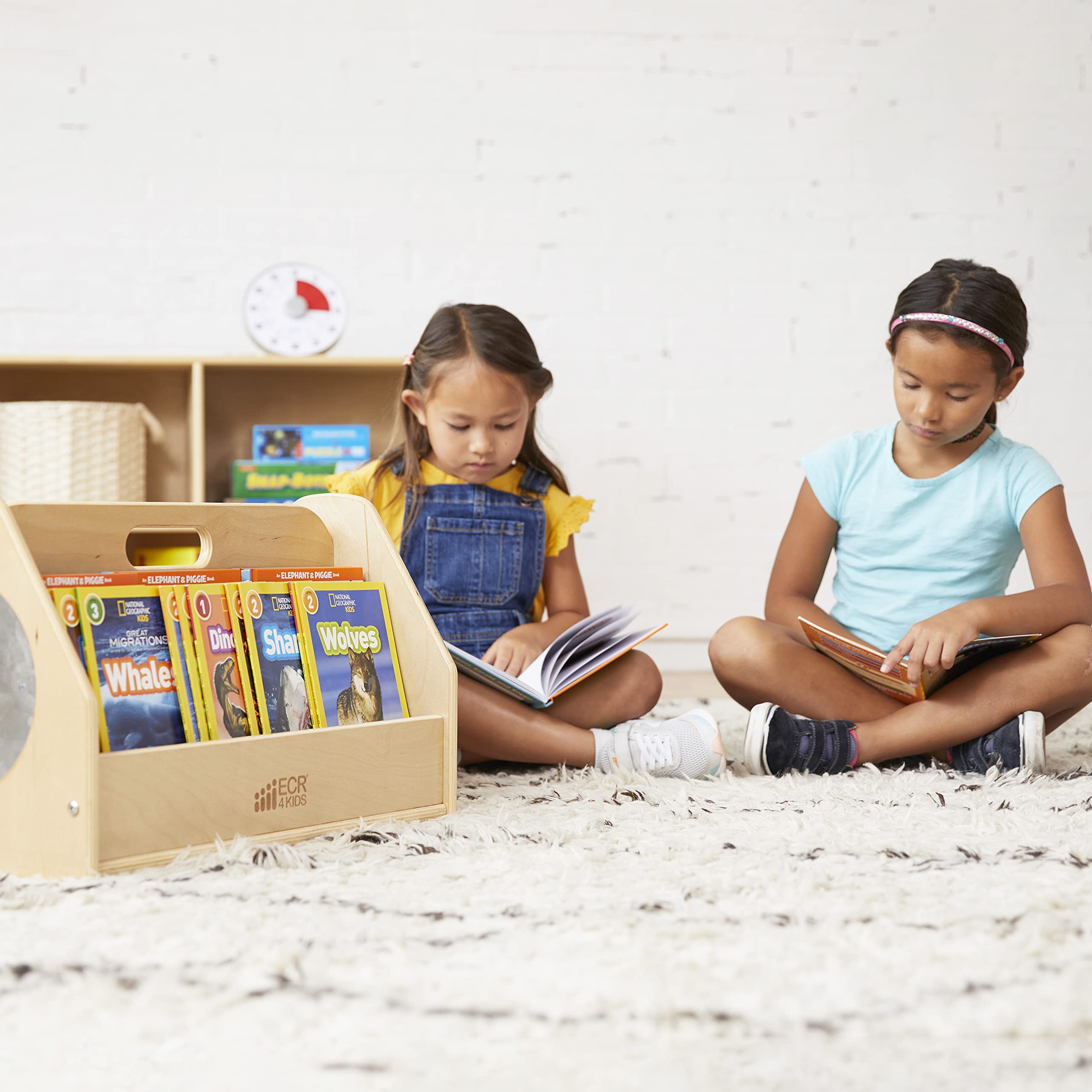 ECR4Kids Double-Sided Book Storage Caddy with Built-in Timer - Portable Classroom & Home Library Organizer - Natural Wooden Bookshelf for Kids Reading Corner & Teacher Supplies