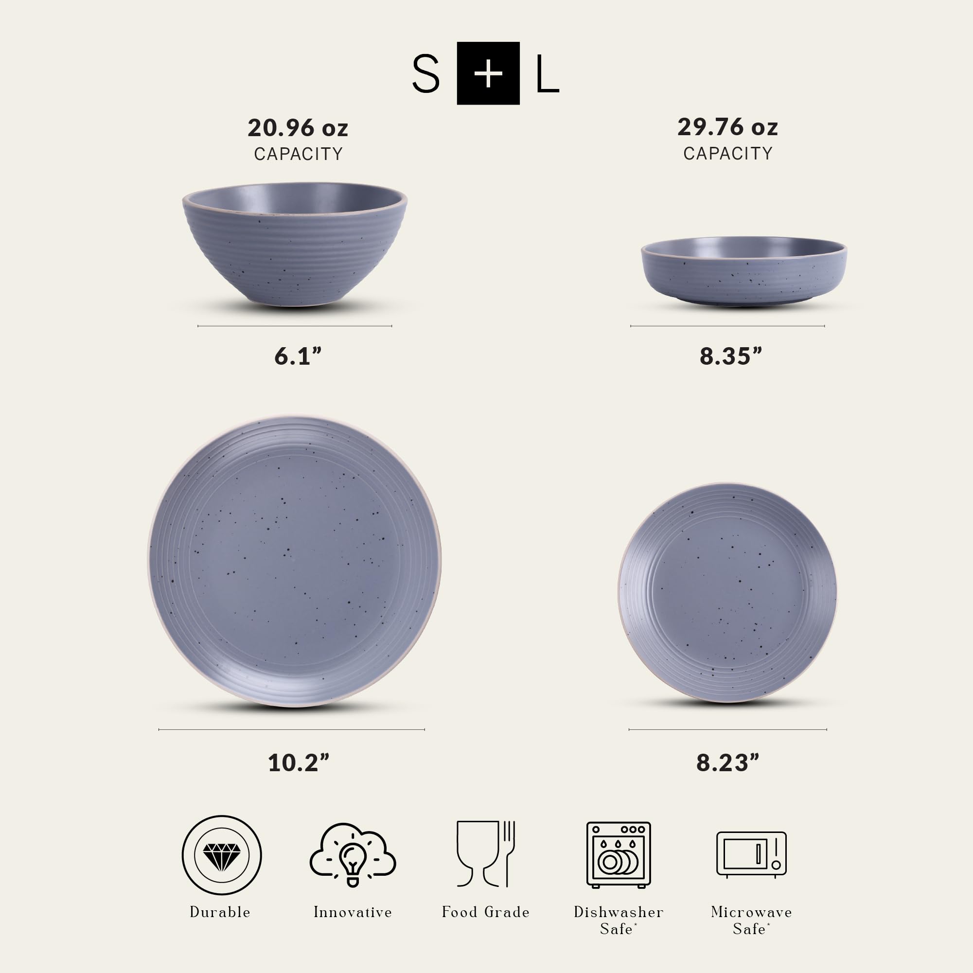 Lauren Modern Stoneware 32-Piece Round Dinnerware Set - 8-Person Plates & Bowls in Light Gray | Durable Stoneware Dishes for Everyday Dining & Entertaining