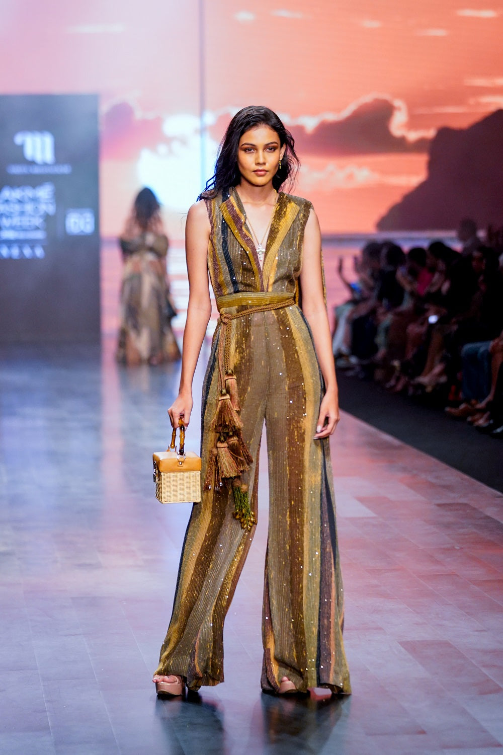 Stylish Green Stripe Print Jumpsuit Saree for Women - Elegant Party Wear & Special Occasion Outfit - Perfect for Weddings, Festivals and Evening Events