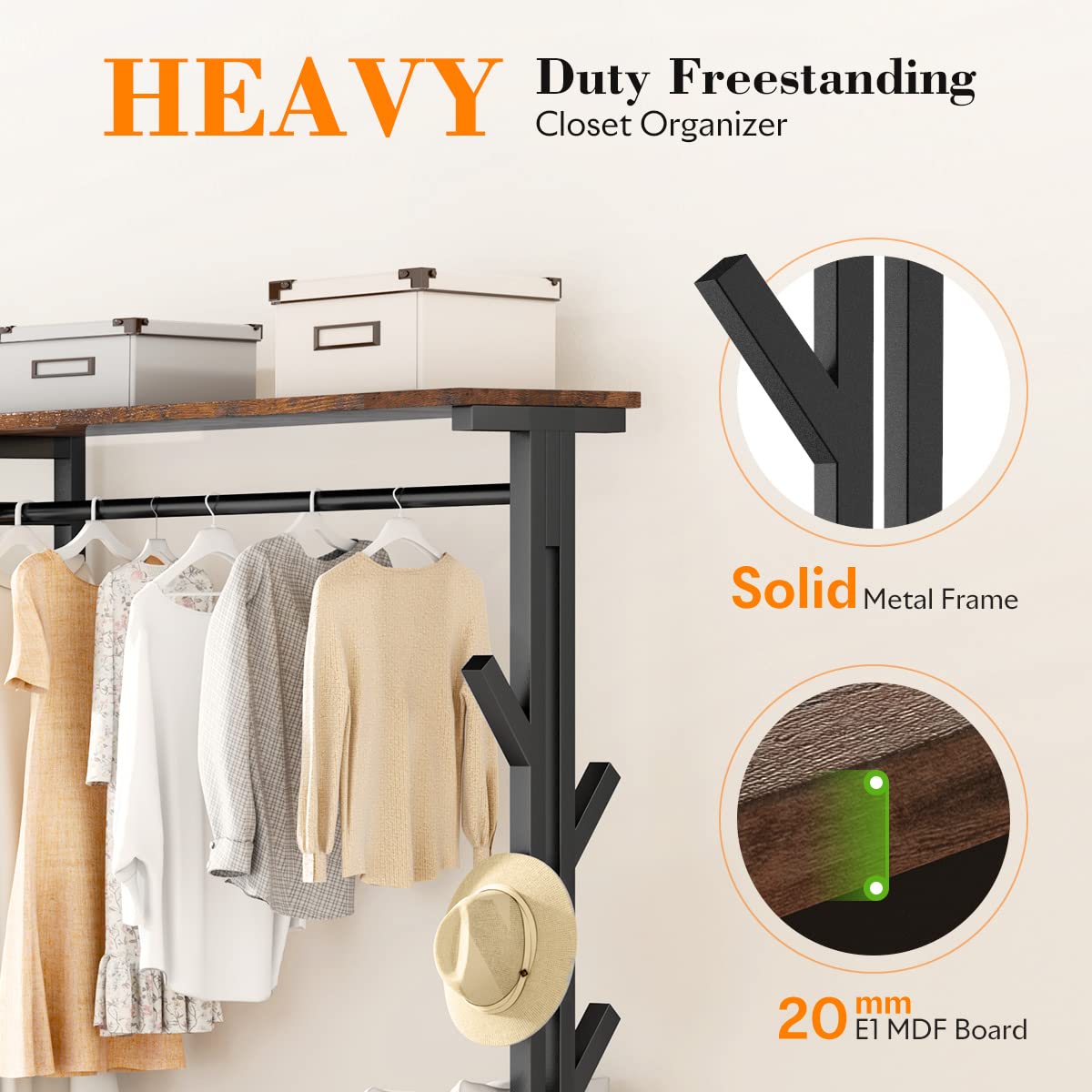 HOKEEPER 650lbs Heavy Duty Freestanding Clothing Rack with Shelves & Hooks - Metal Wardrobe Organizer for Closet Storage | Perfect for Bedroom, Laundry Room, and Commercial Use