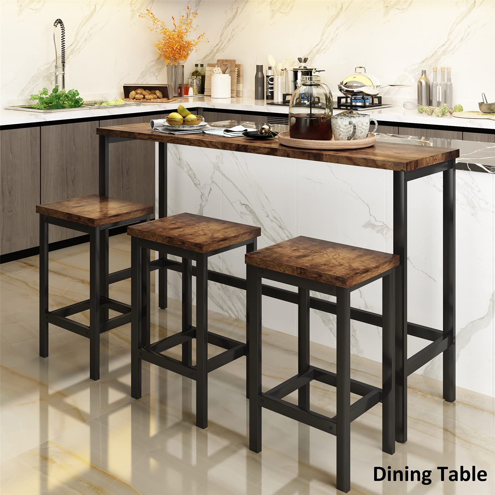 4-Piece Pub Table Set with 3 Stools - Counter Height Extra Long Kitchen Dining Table - Bar Height Table with Footrest - Brown Home Kitchen Furniture - Perfect for Small Spaces, Breakfast Nooks & Entertaining Guests