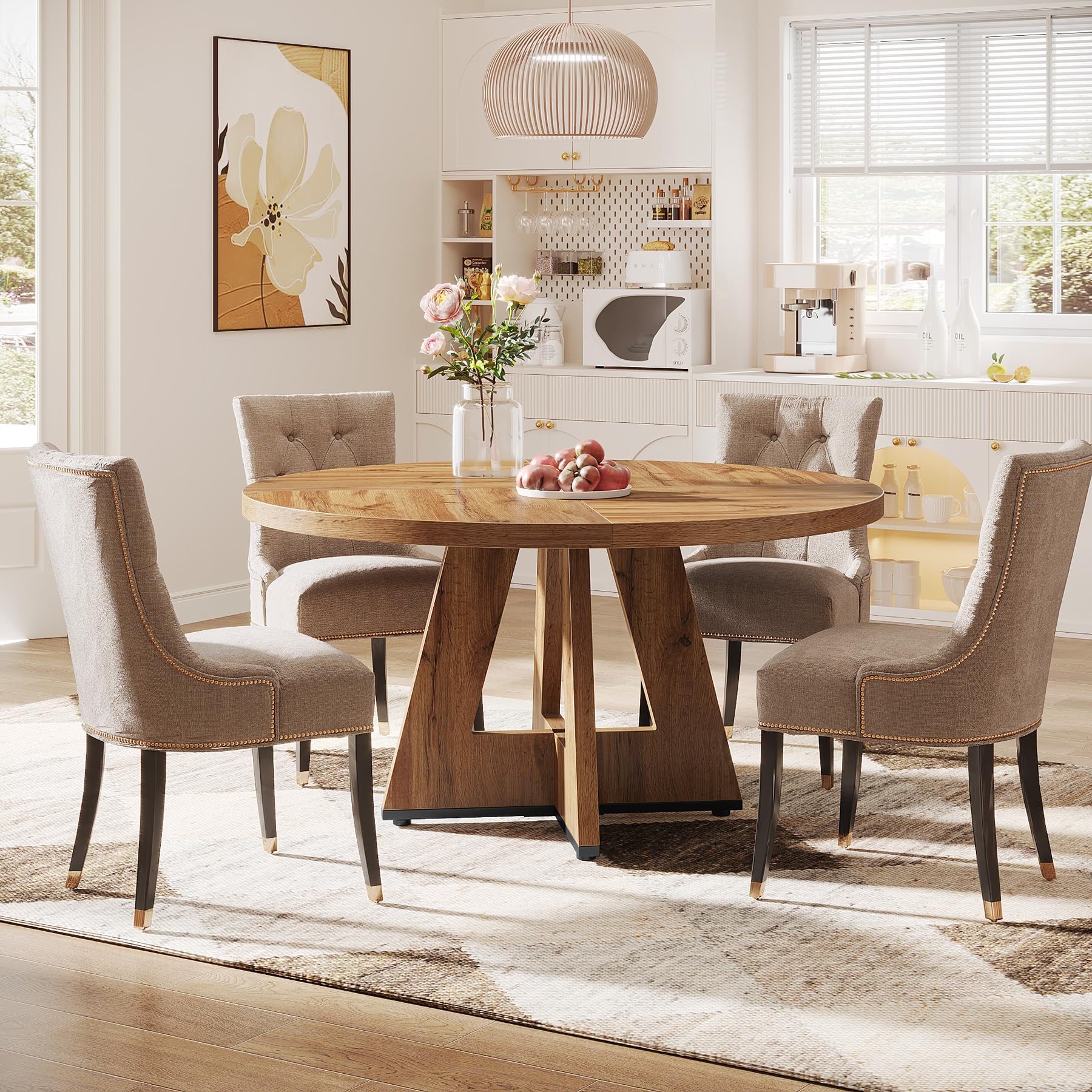 Tribesigns 47-inch Round Wooden Dining Table for Kitchen & Dining Room - Farmhouse Style with Wooden Tabletop & Cross Base - Seats 4 Adults - Perfect for Family Meals, Dinner Parties & Small Space Homes (Burlywood)